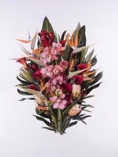 "Llama" (2018) de Victoria Novak, Pintura al óleo de orquídeas y aves del paraíso