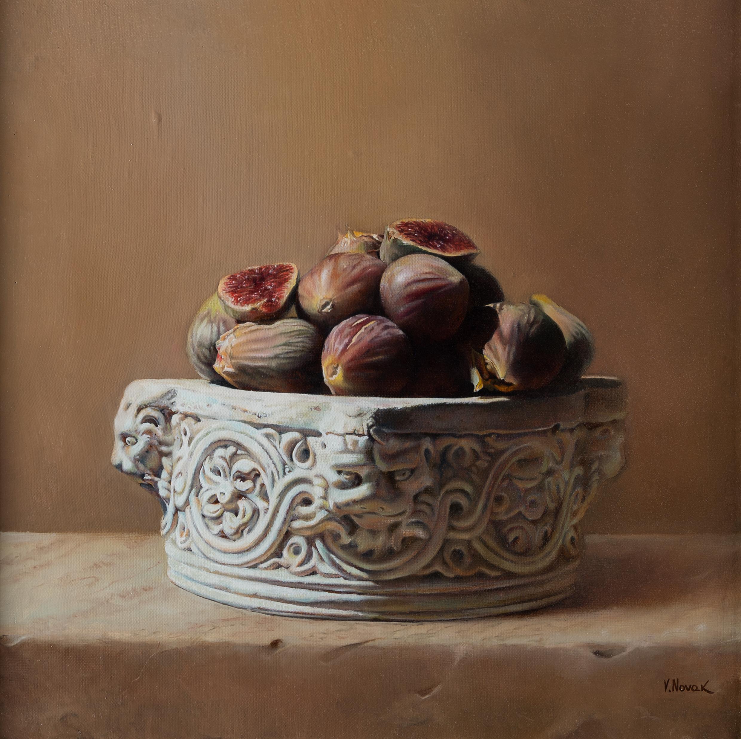 Victoria Novak Still-Life Painting - "Umbria" Ornate Bowl with Figs Still Life Oil Painting
