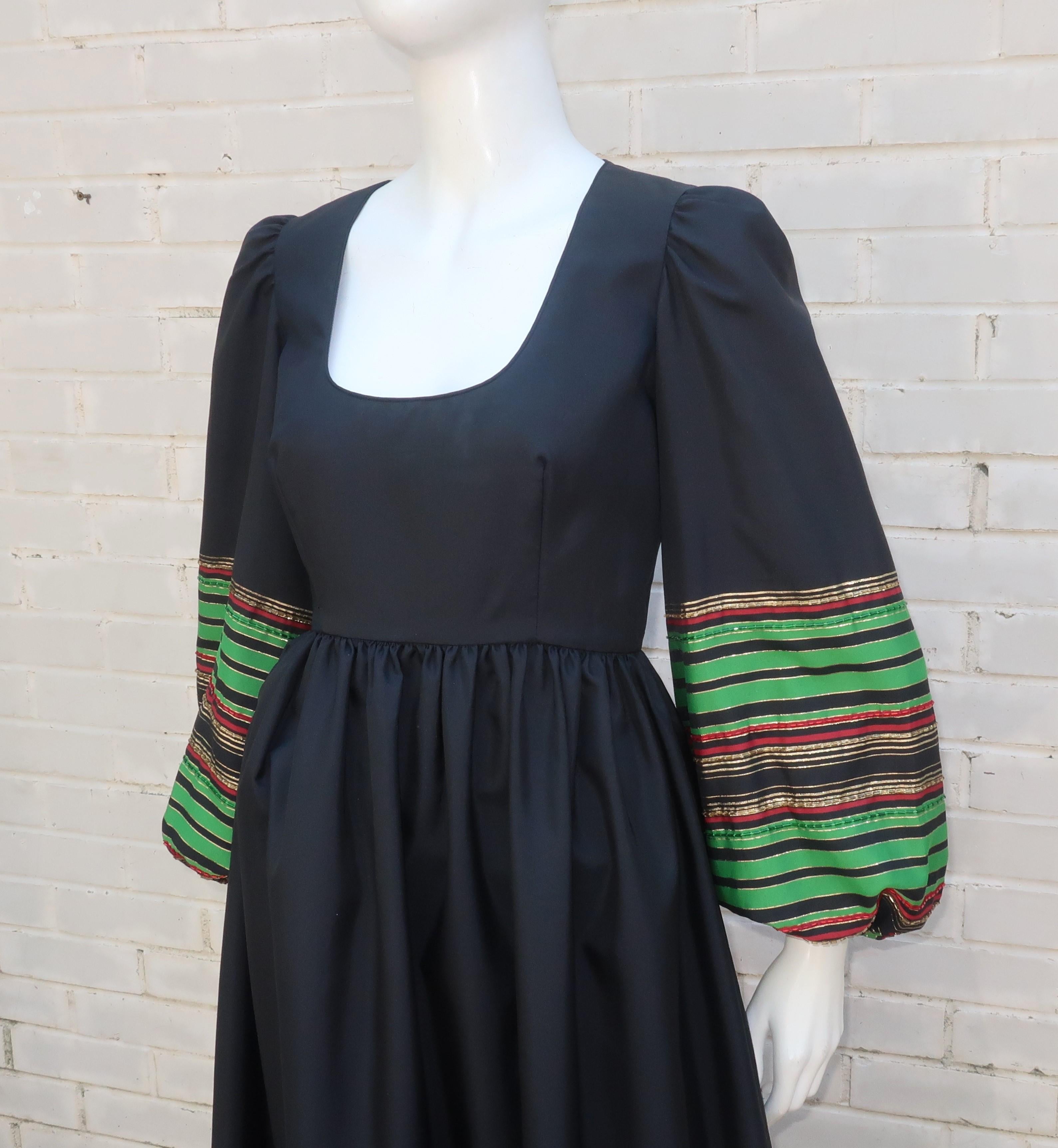 Women's Victoria Royal Black Taffeta Striped Beaded Maxi Dress, 1970's For Sale