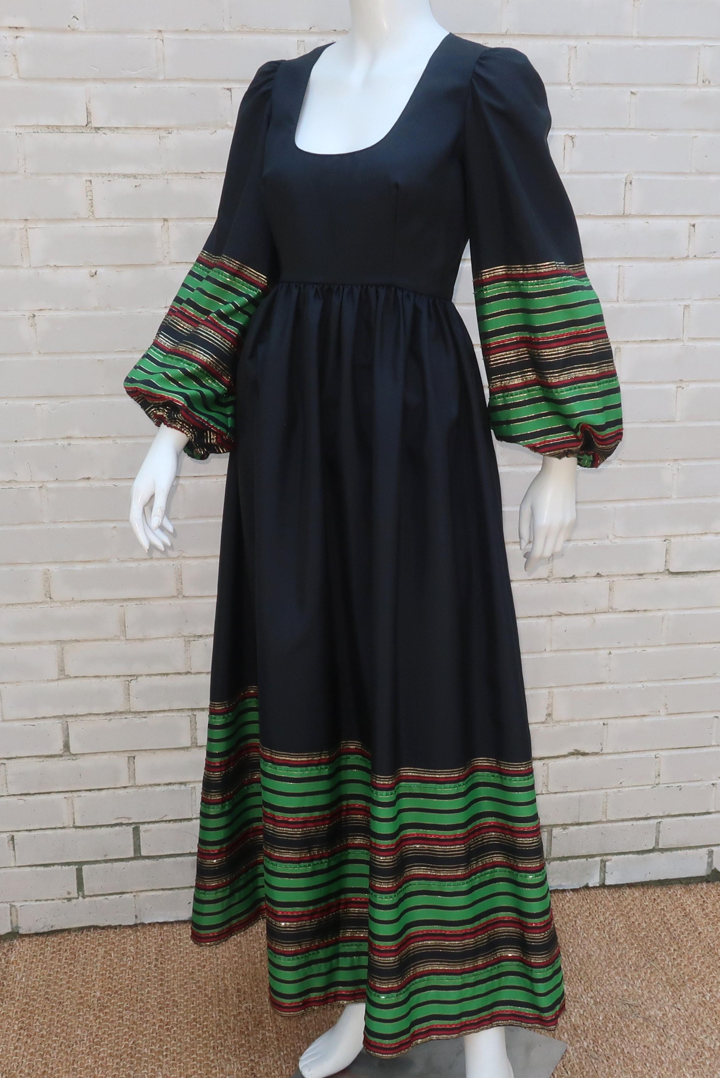 Victoria Royal Black Taffeta Striped Beaded Maxi Dress, 1970's For Sale 3