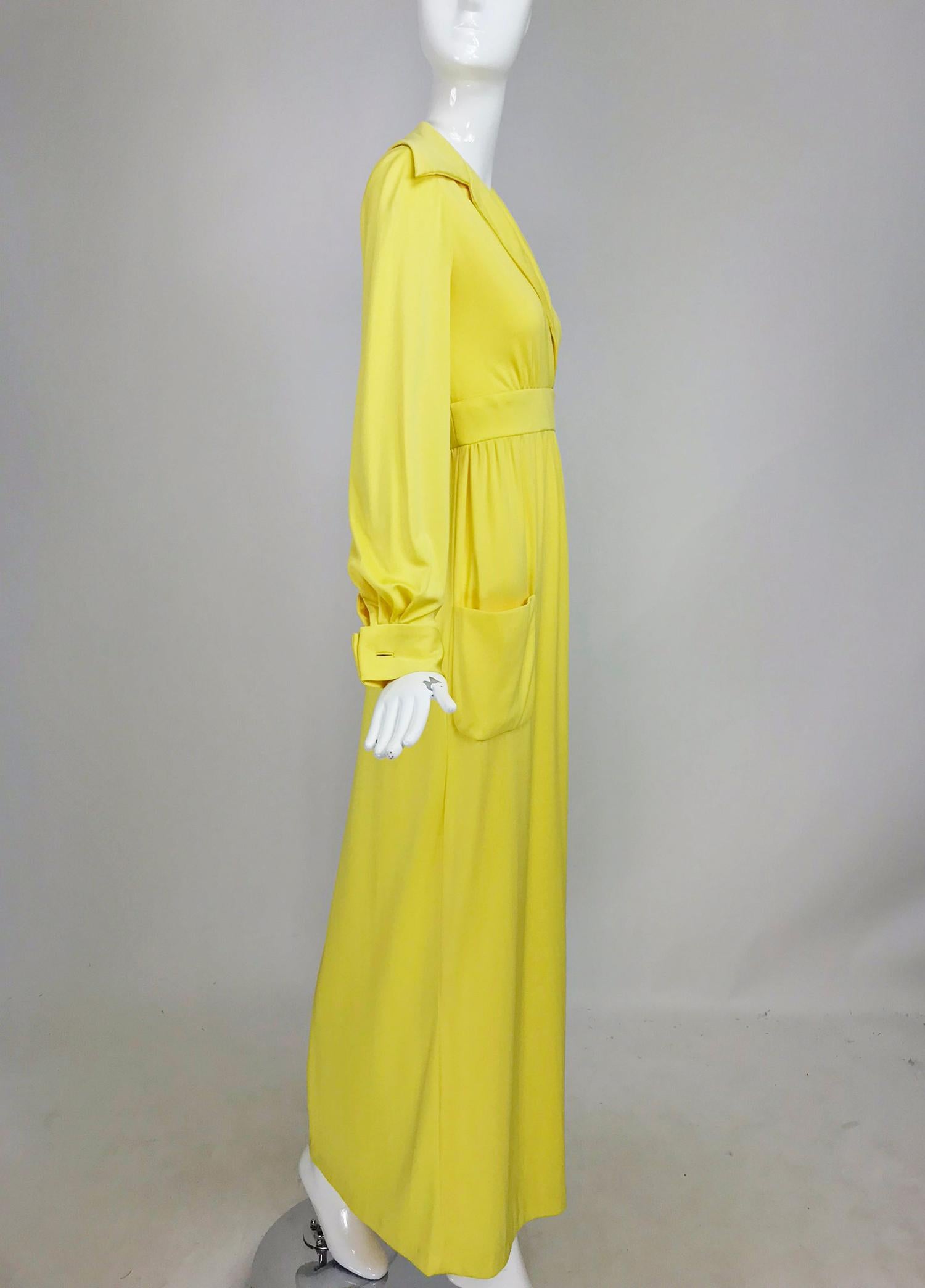 Victoria Royal Lillie Rubin Yellow Jersey Plunge Wrap Maxi Dress 1970s 7