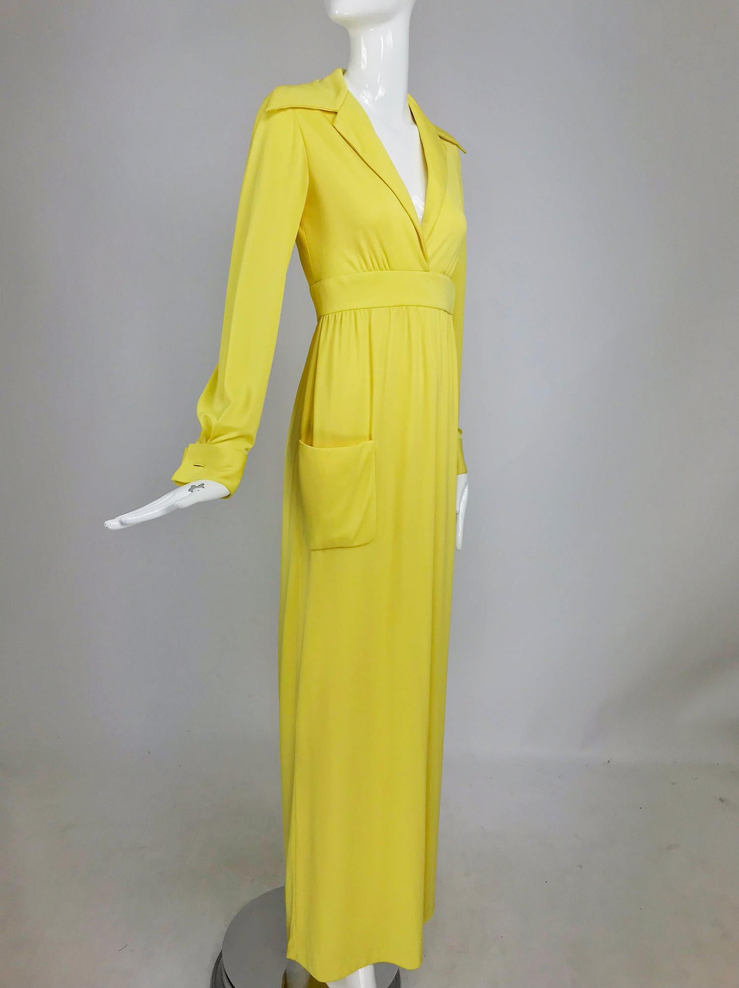 Victoria Royal Lillie Rubin Yellow Jersey Plunge Wrap Maxi Dress 1970s 8