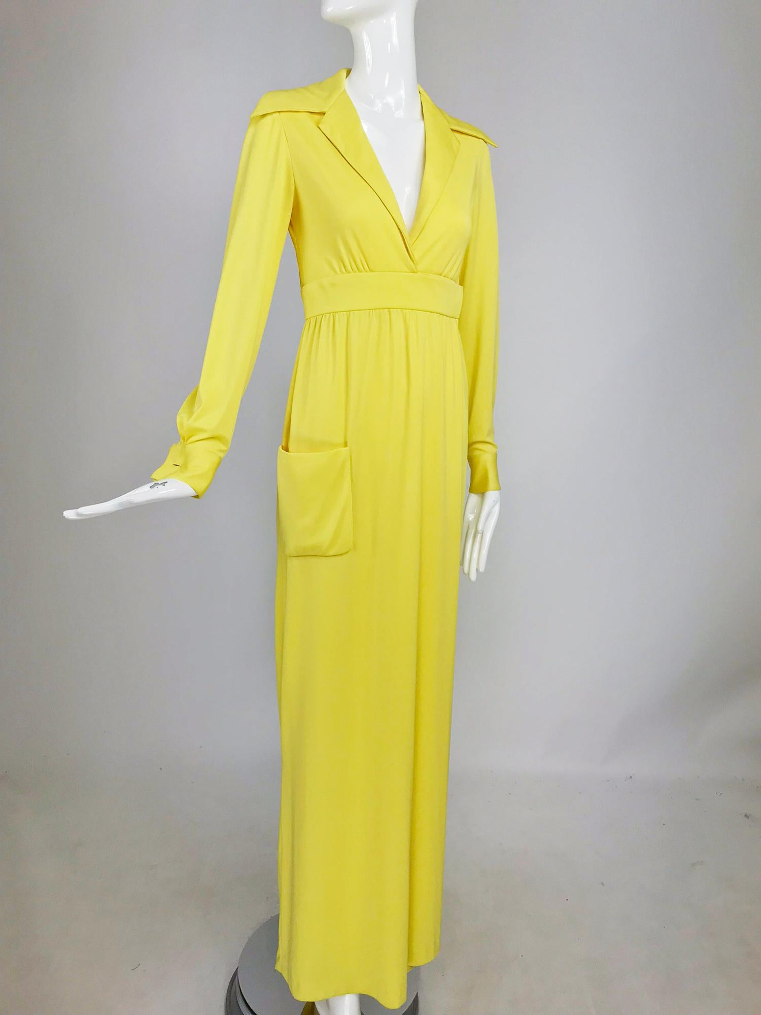 Victoria Royal Lillie Rubin Yellow Jersey Plunge Wrap Maxi Dress 1970s 9