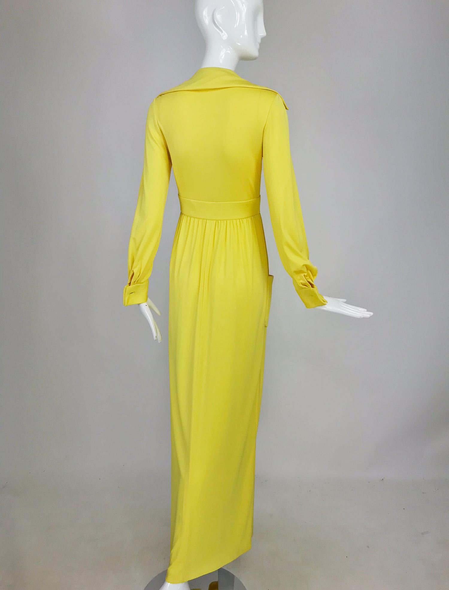Victoria Royal Lillie Rubin Yellow Jersey Plunge Wrap Maxi Dress 1970s 3