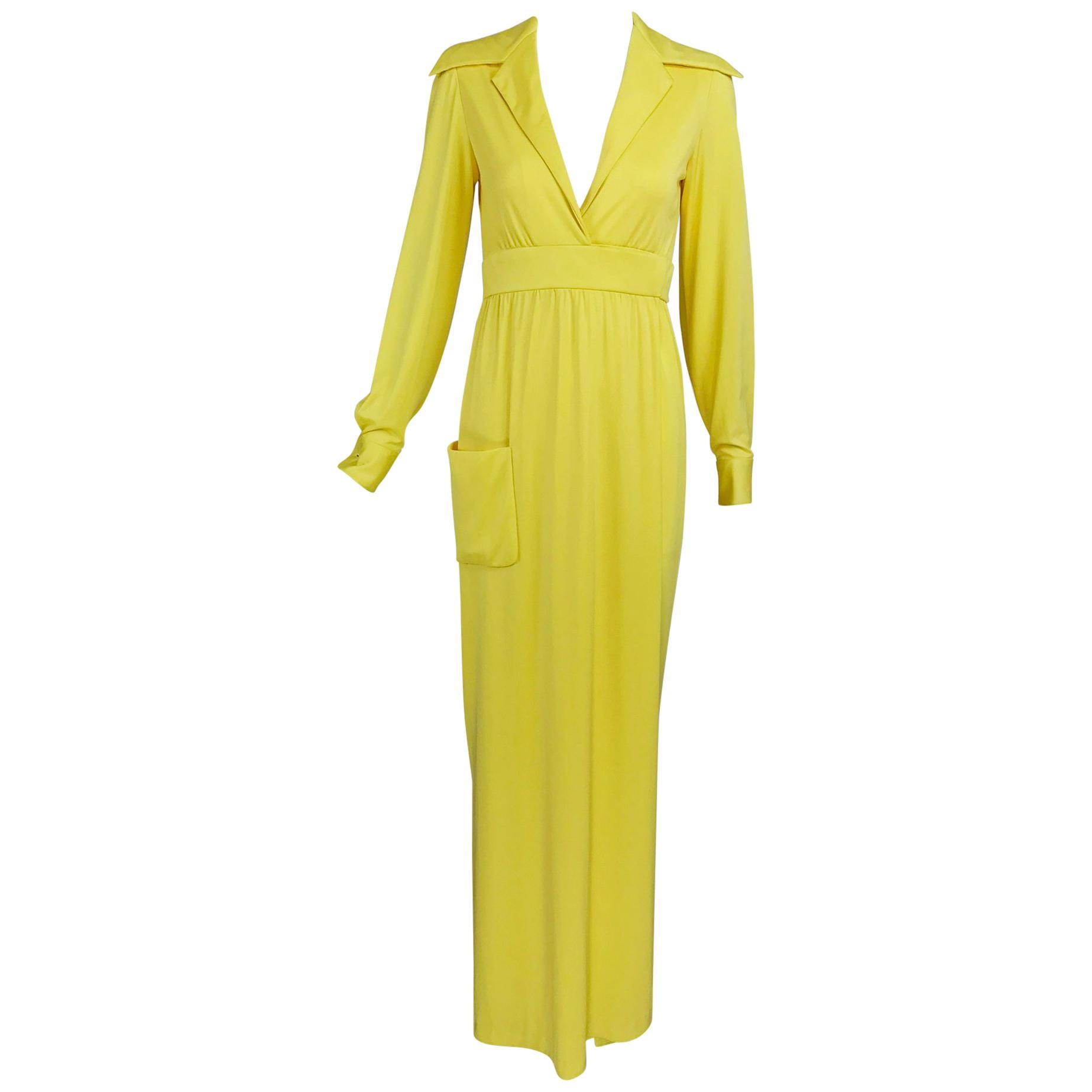 Victoria Royal Lillie Rubin Yellow Jersey Plunge Wrap Maxi Dress 1970s