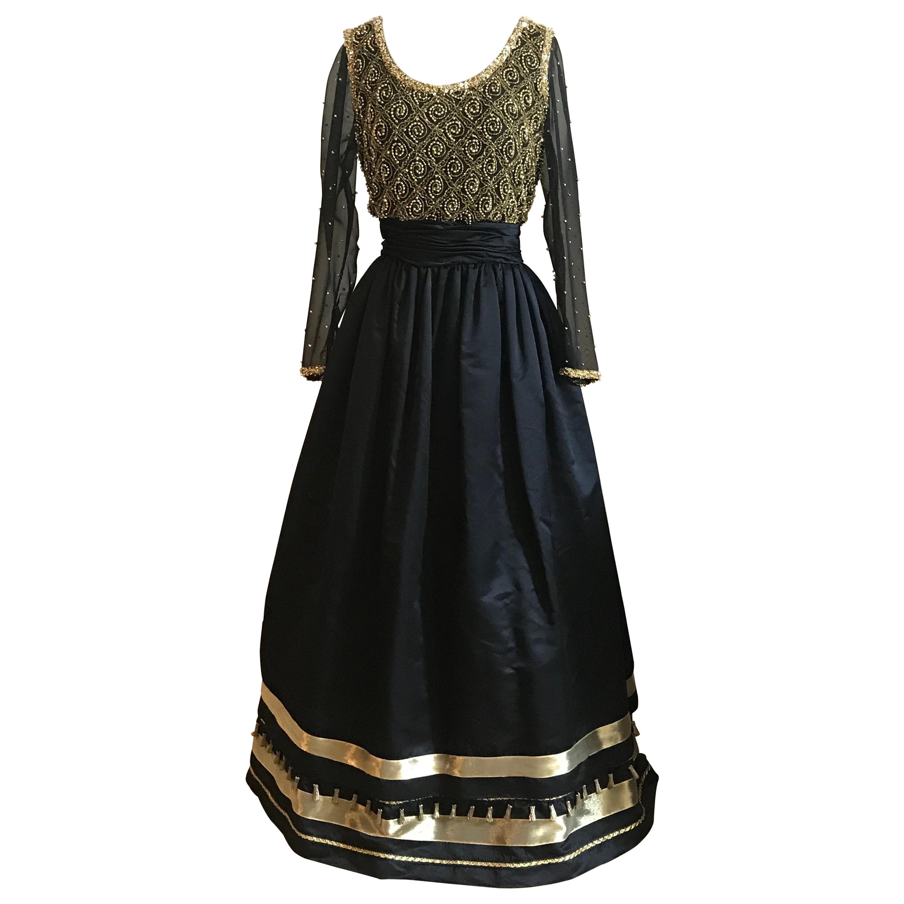 Victoria Royal Vintage Black and Gold Embellished Beaded Tassel Gown Long Sleeve For Sale