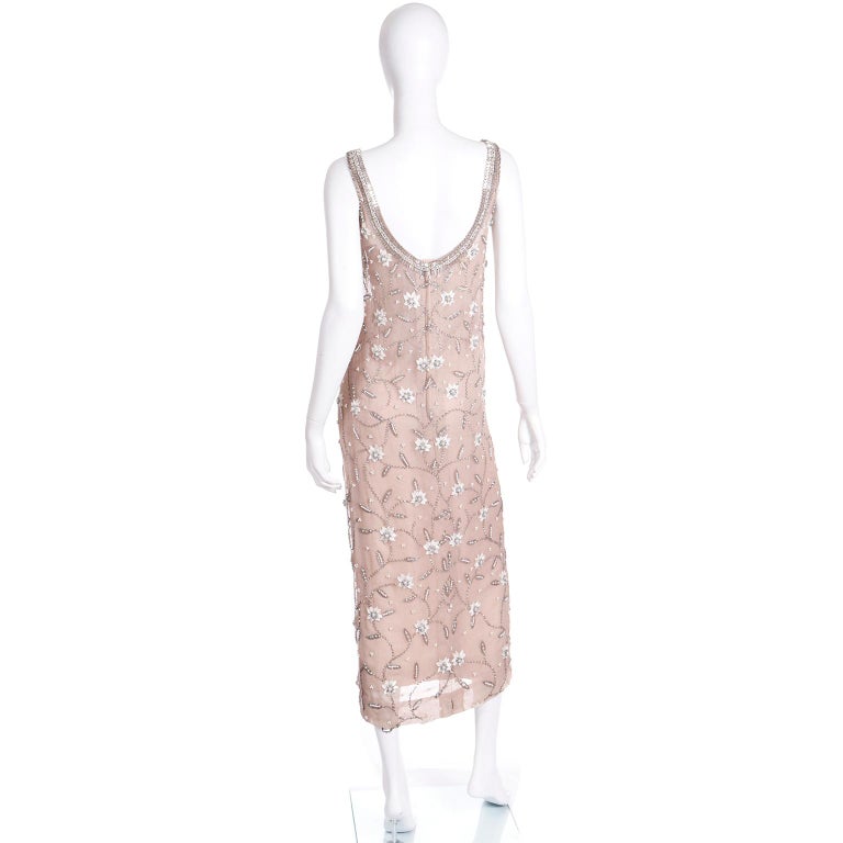 Victoria Royal Vintage Neutral Pale Blush Embroidered Beaded Evening Dress  For Sale at 1stDibs