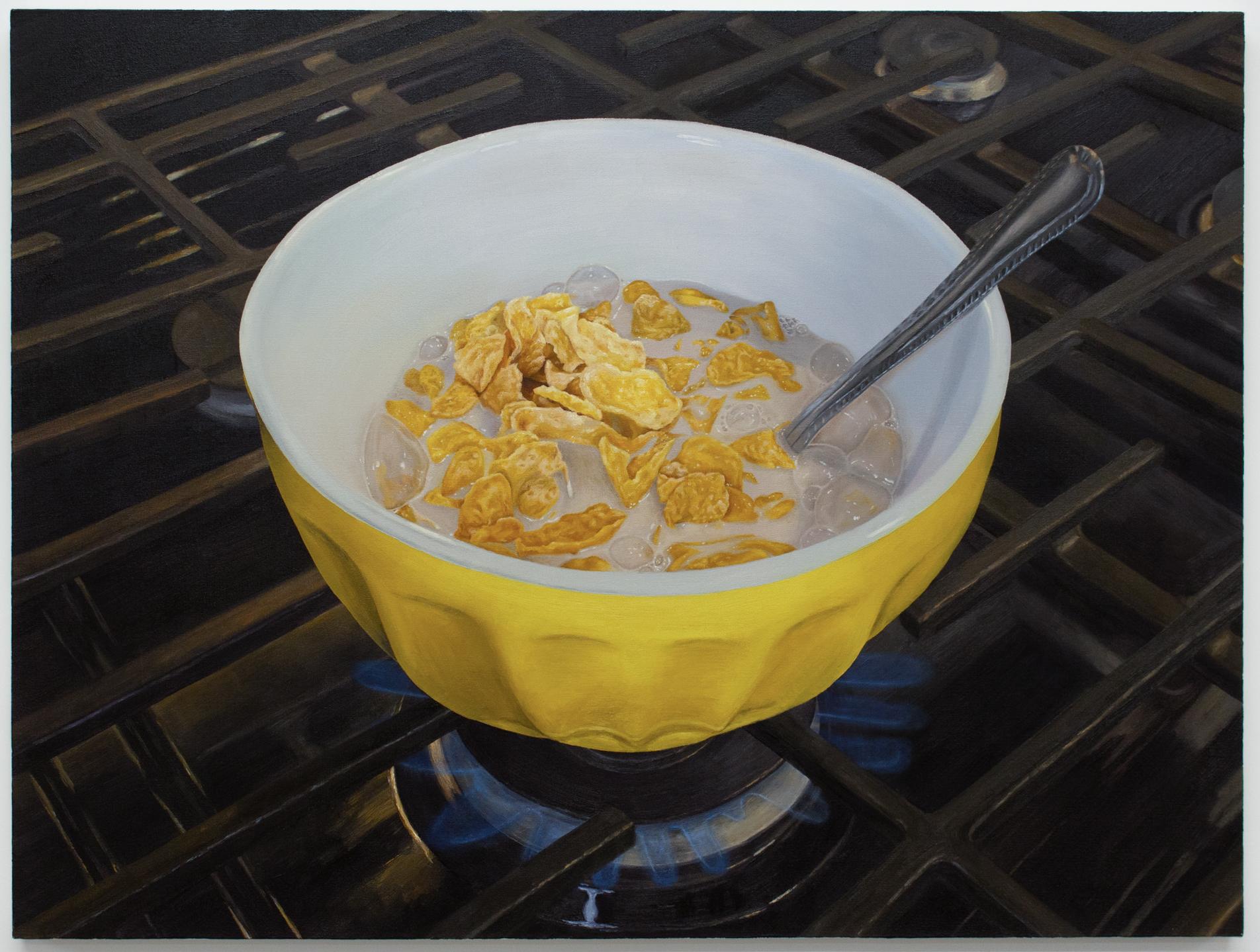 Victoria Sauer Still-Life Painting - CEREAL - Oil Painting of Frosted Flakes Boiling Over a Gas Stove Range
