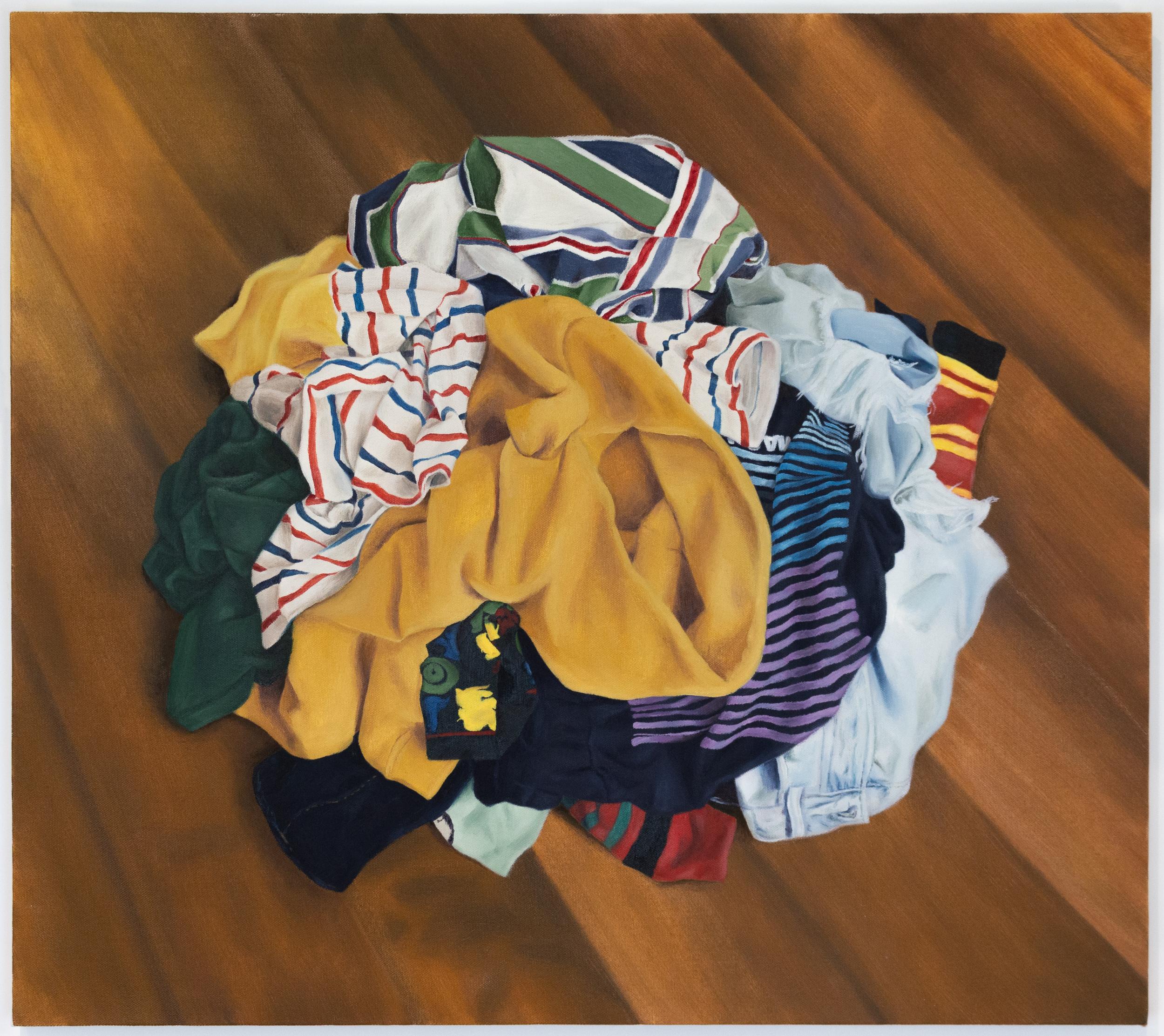Victoria Sauer Still-Life Painting - DIRTY OR CLEAN? - Oil Painting of Laundry on a Wooden Floor