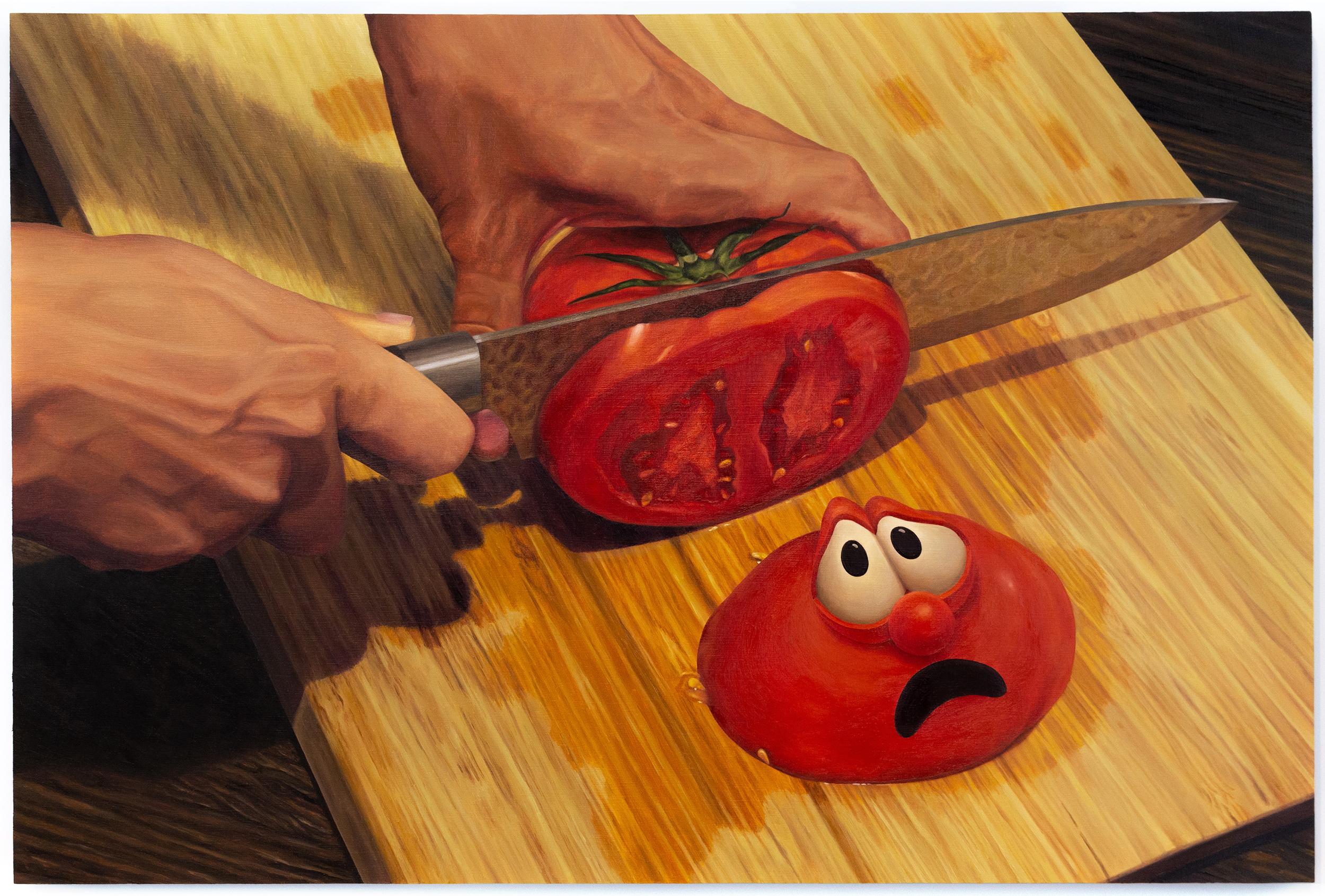 Victoria Sauer Figurative Painting - GOD WANTS ME TO FORGIVE THEM!?! - Oil Painting of a Frightened Bob the Tomato 