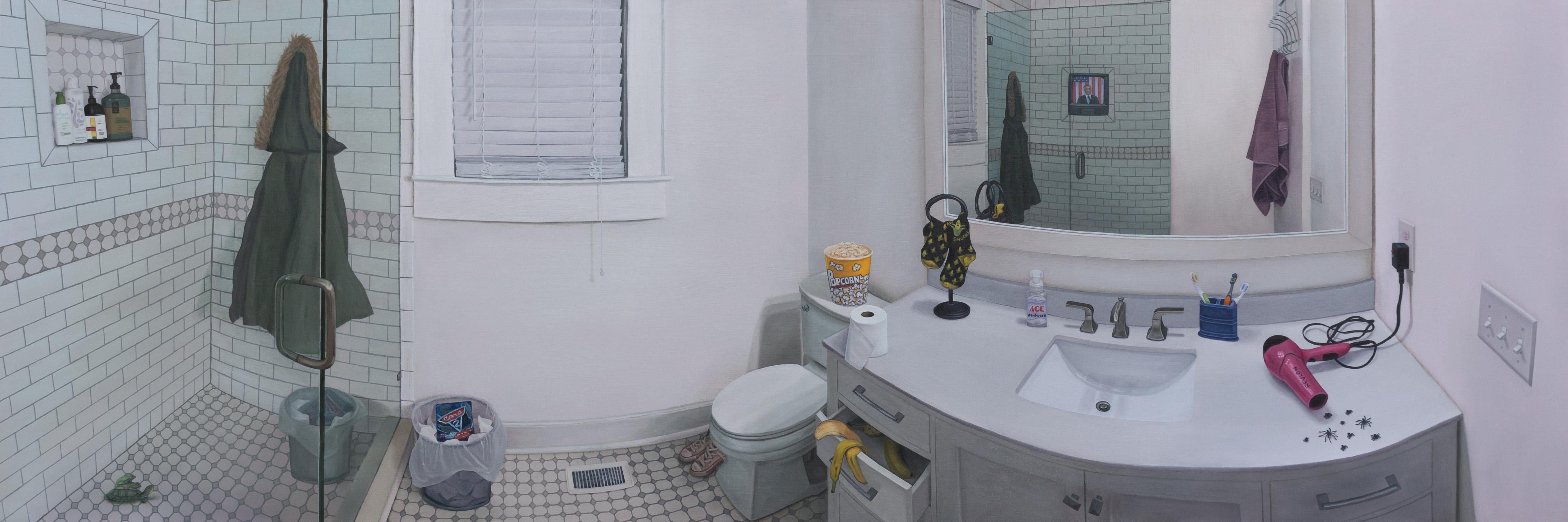 I WOKE UP ASLEEP - Panoramic Oil Painting of a Bathroom Scene From a Dream