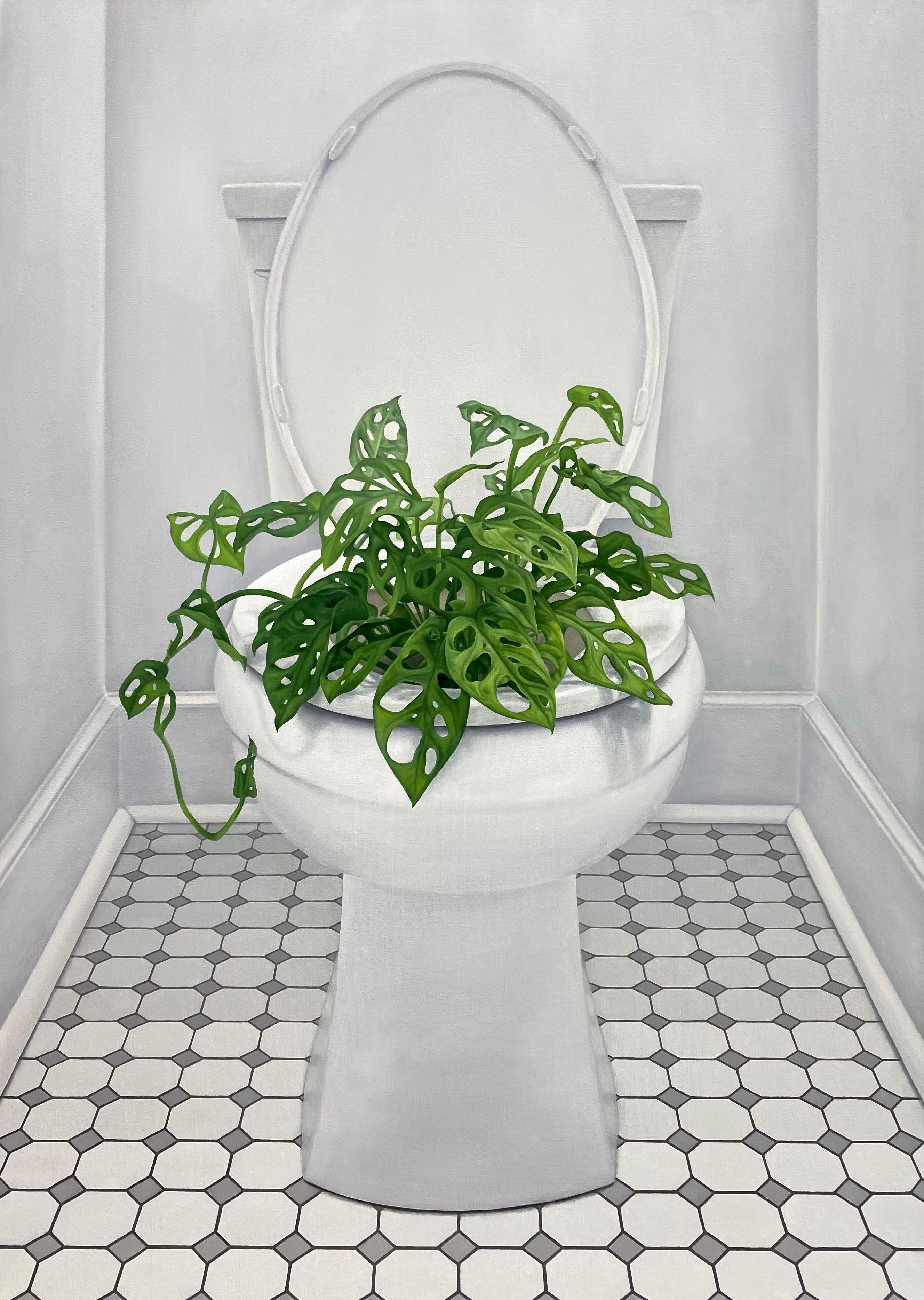 Victoria Sauer Figurative Painting - MONSTERA LATRINA - Oil Painting of Monstera Adansonii Growing From a Toilet