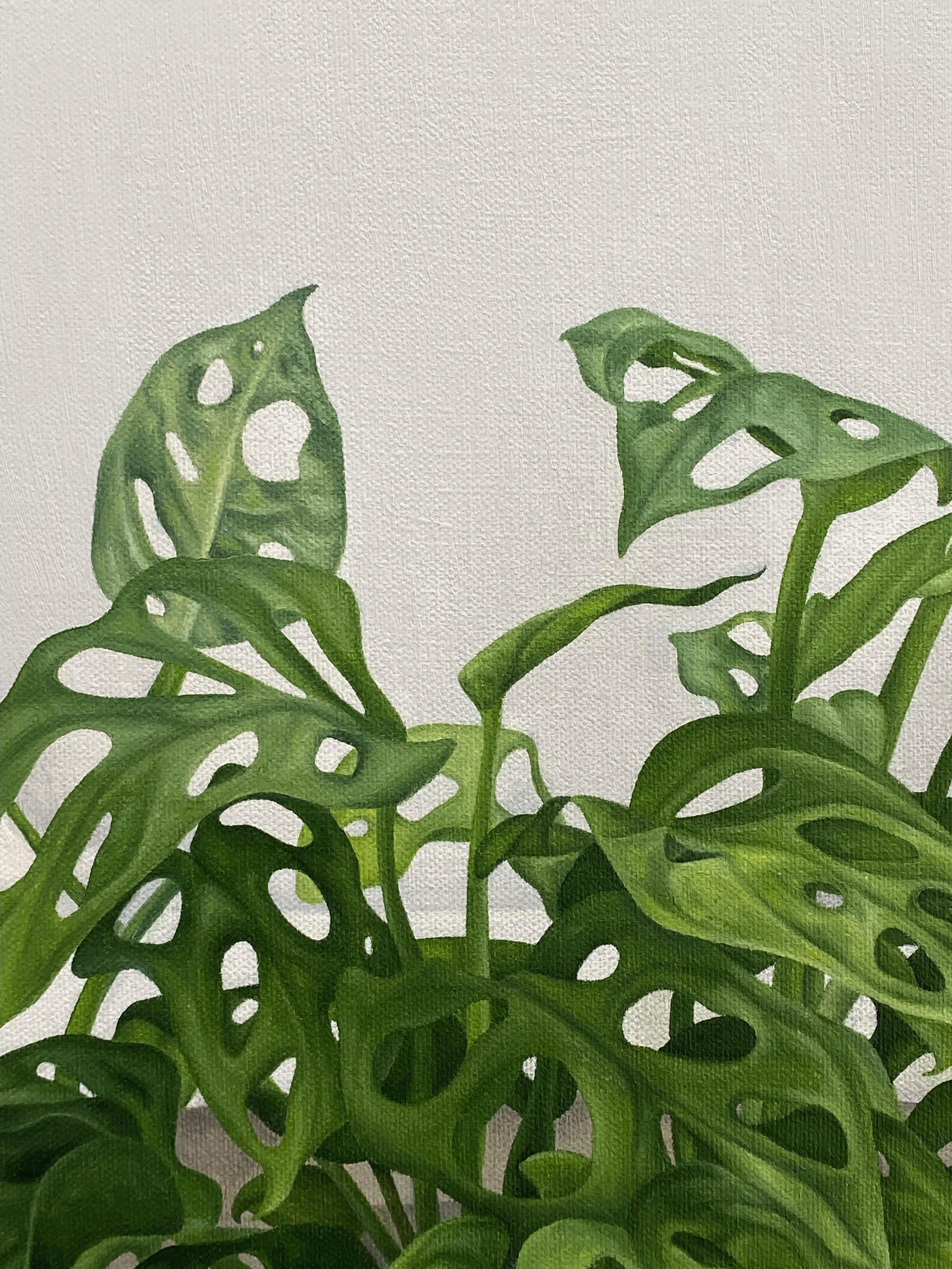 MONSTERA LATRINA - Oil Painting of Monstera Adansonii Growing From a Toilet - Gray Figurative Painting by Victoria Sauer