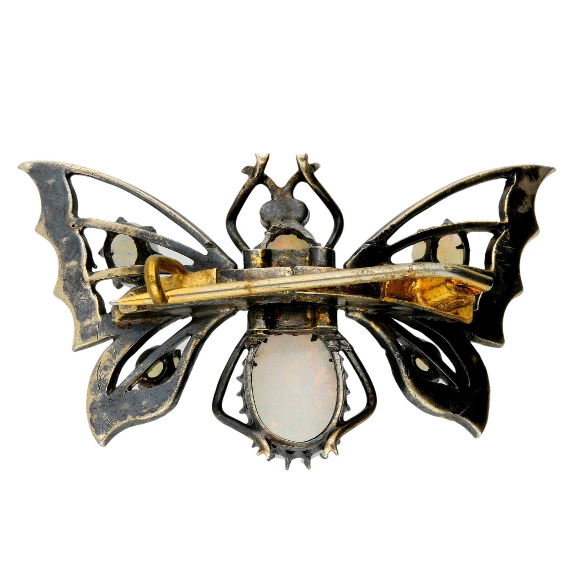 Victorian Victoria Silver Opal and Split Pearl Butterfly Brooch For Sale