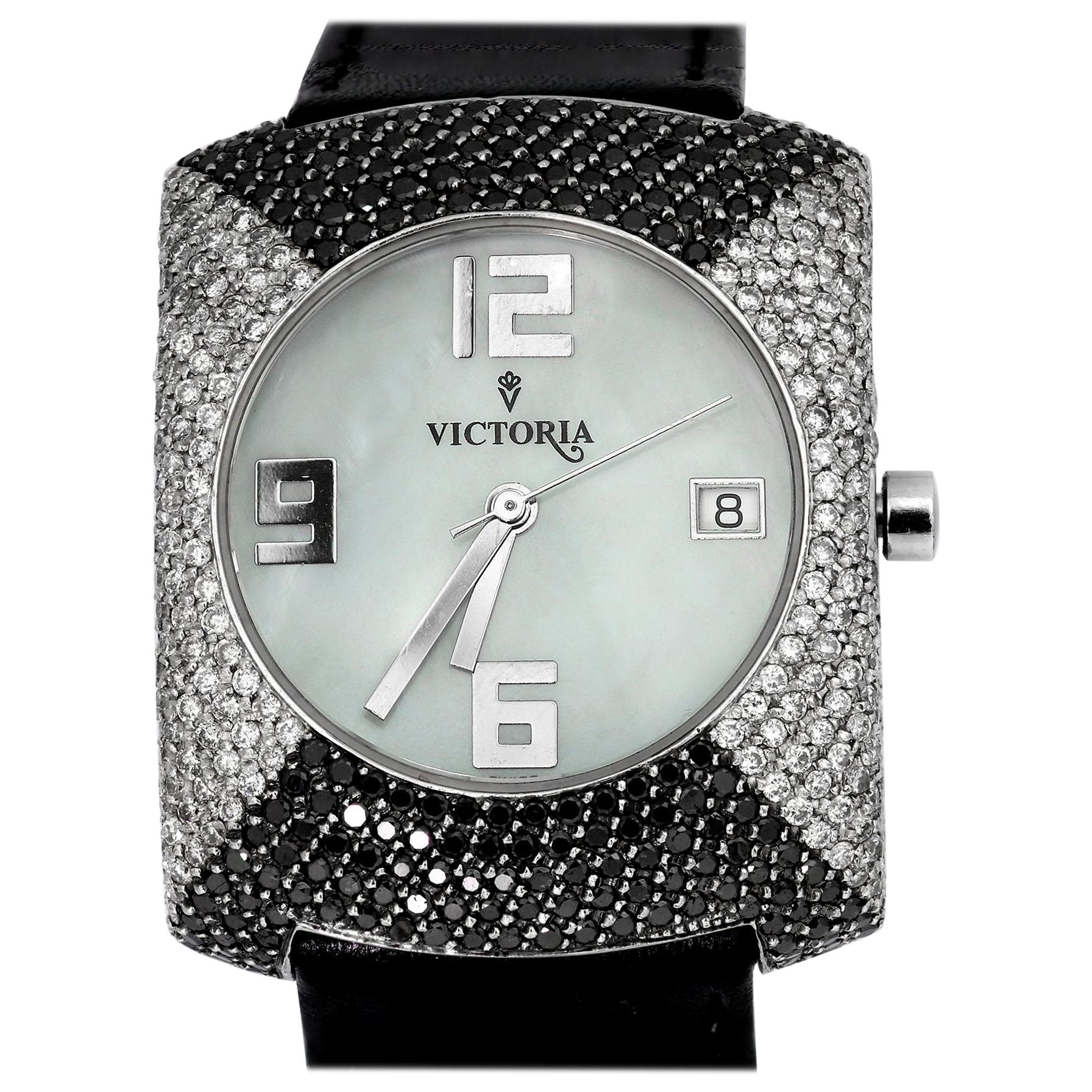 Victoria-Armbanduhr mit Riemen, schwarze und weiße Diamanten, Damen, Perlmutt, Schweiz