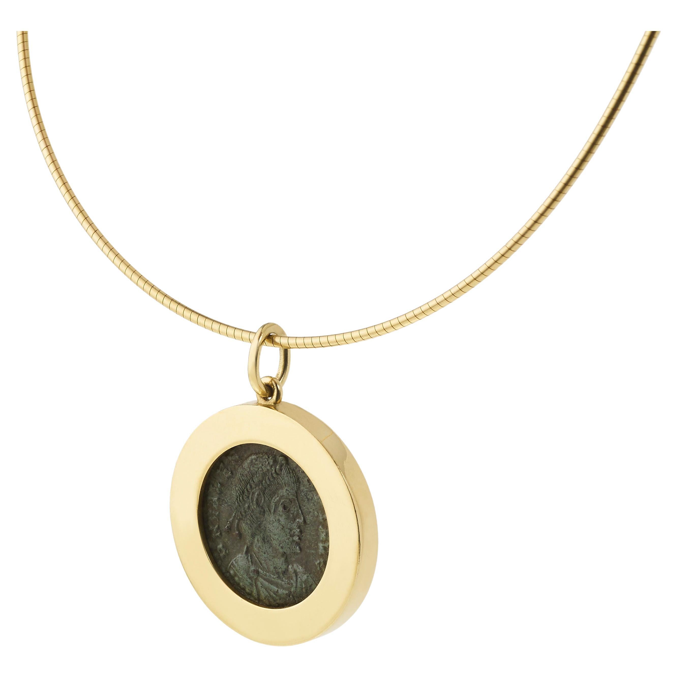 Victoria Strigini: Ancient Roman Bronze Coin in 18k Gold Slice Pendant Necklace For Sale