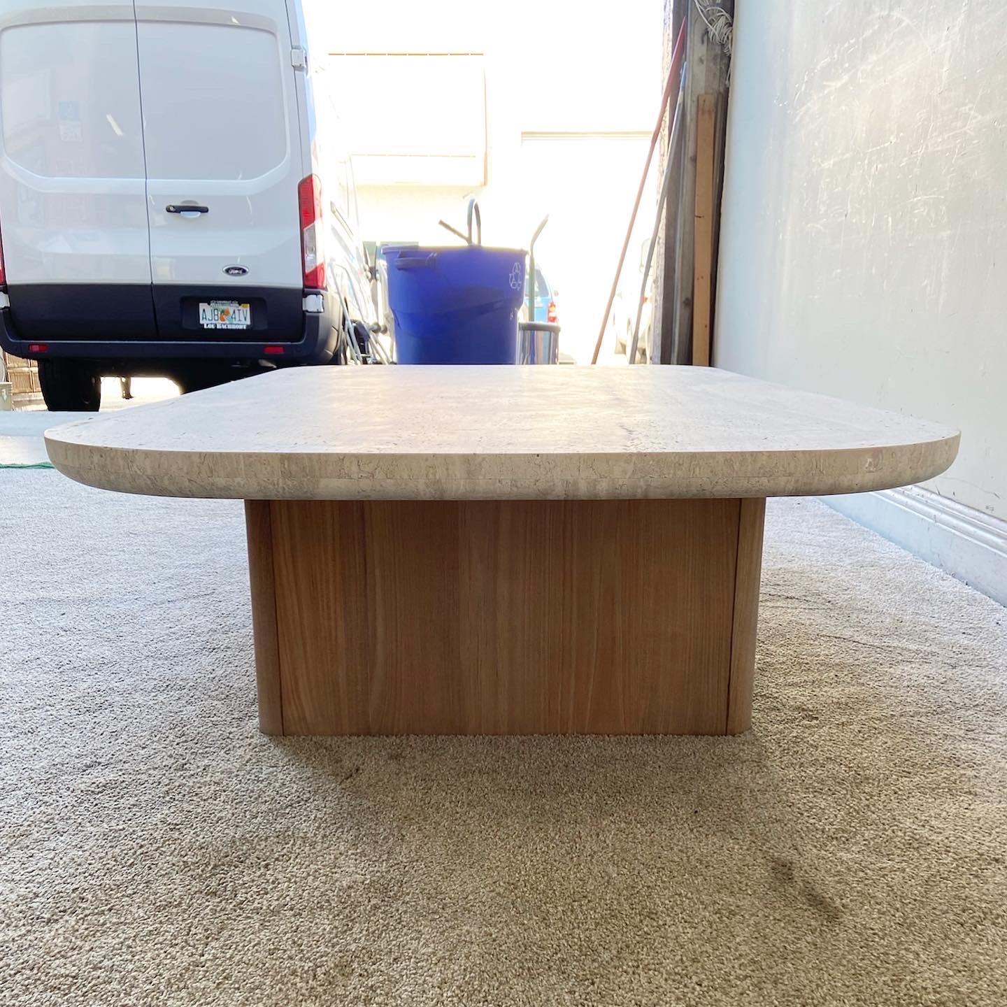 Modern Victoria Teak Coffee Table with Travertine Top by Harbour For Sale