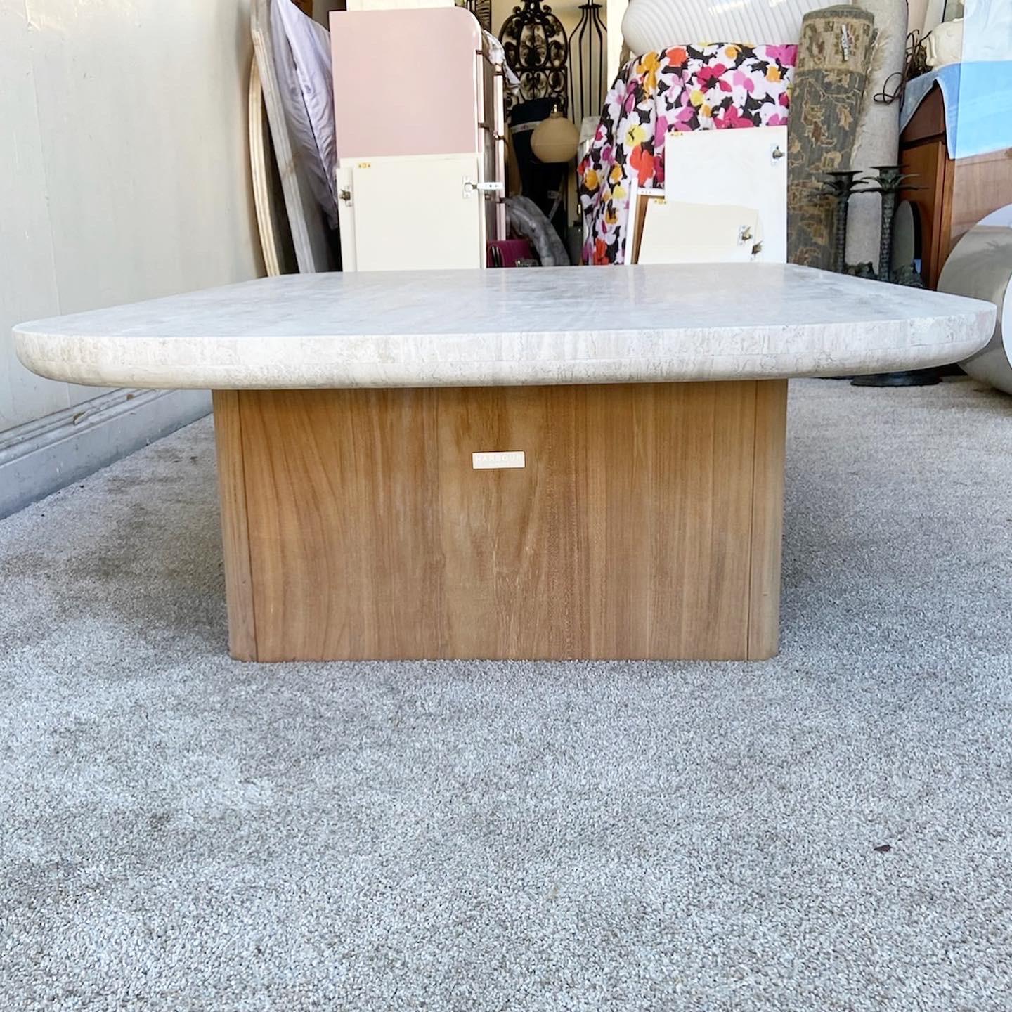 Victoria Teak Coffee Table with Travertine Top by Harbour In Good Condition For Sale In Delray Beach, FL