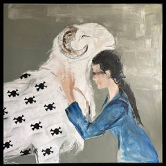 Contemporary Intimate Embrace of Woman and Goat in Ethereal Blue Hue drawing