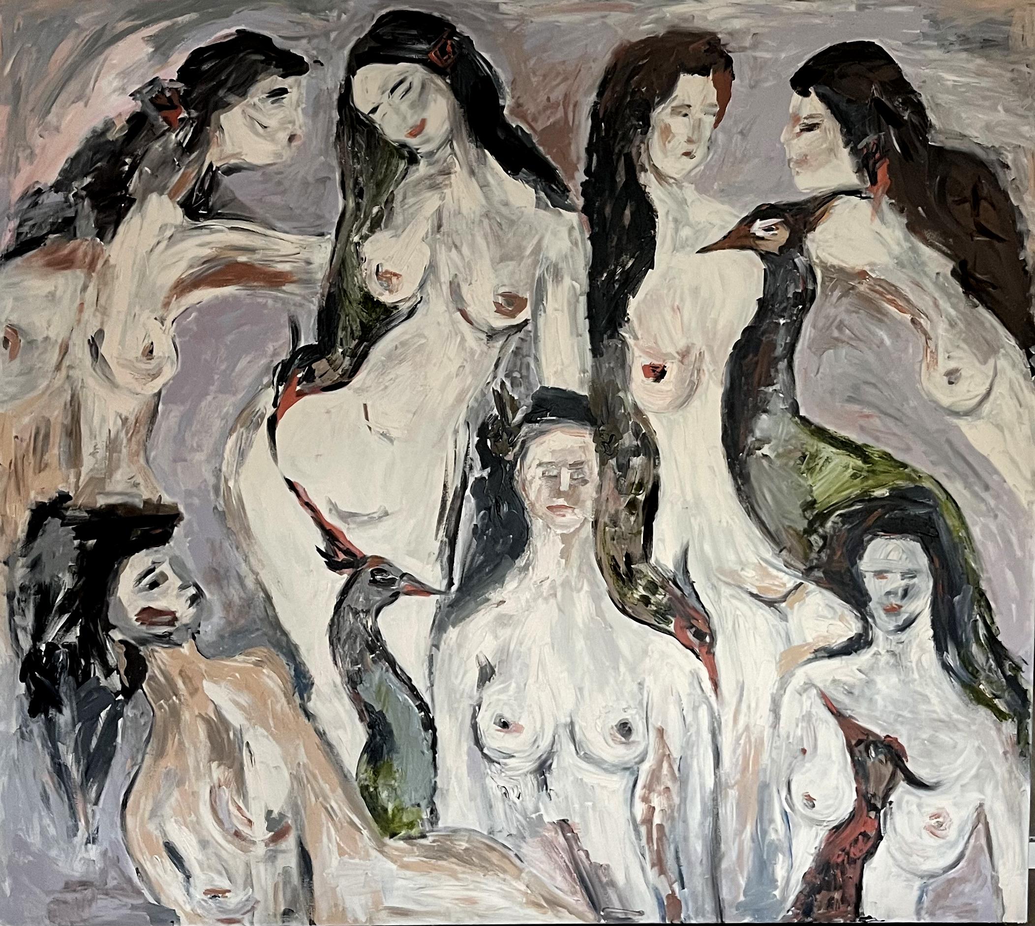 Peinture contemporaine abstraite et complexe de formes féminines dans des tons foncés de terre.