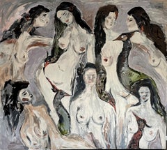 Contemporary Intricate Abstract Women Formen in gedämpften dunklen Erdtönen Malerei