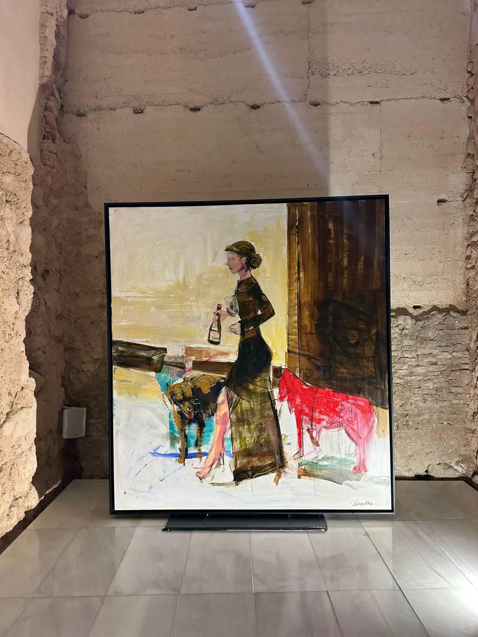 Zeitgenössische Naturformen einer Frau und eines Hundes in braunen und roten Tönen, Gemälde (Beige), Figurative Painting, von Victoria Tsemka