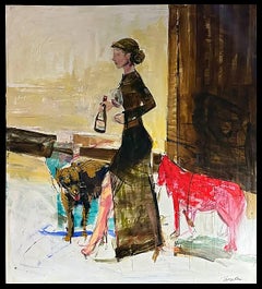 Contemporary Nature Forms Of Woman And Two Dog In Brown And Red Tones Painting