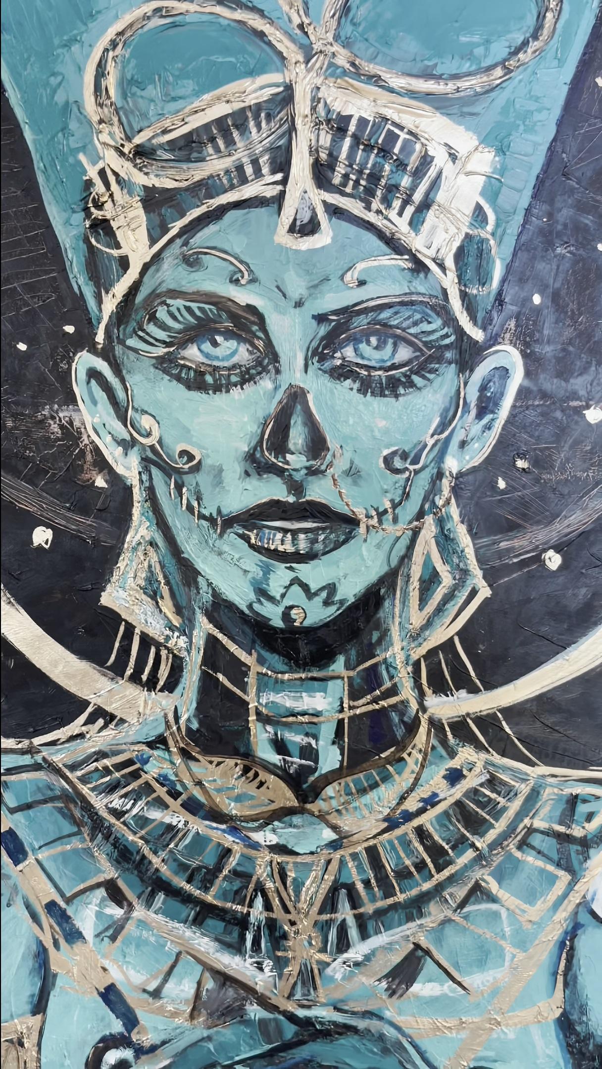  Contemporary Portrait of a Blue-Skinned Queen Adorned in Intricat Gold Jewelry 