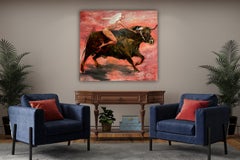 Contemporary Splatters of Vibrant Red Background w. Bull & Woman Form Painting