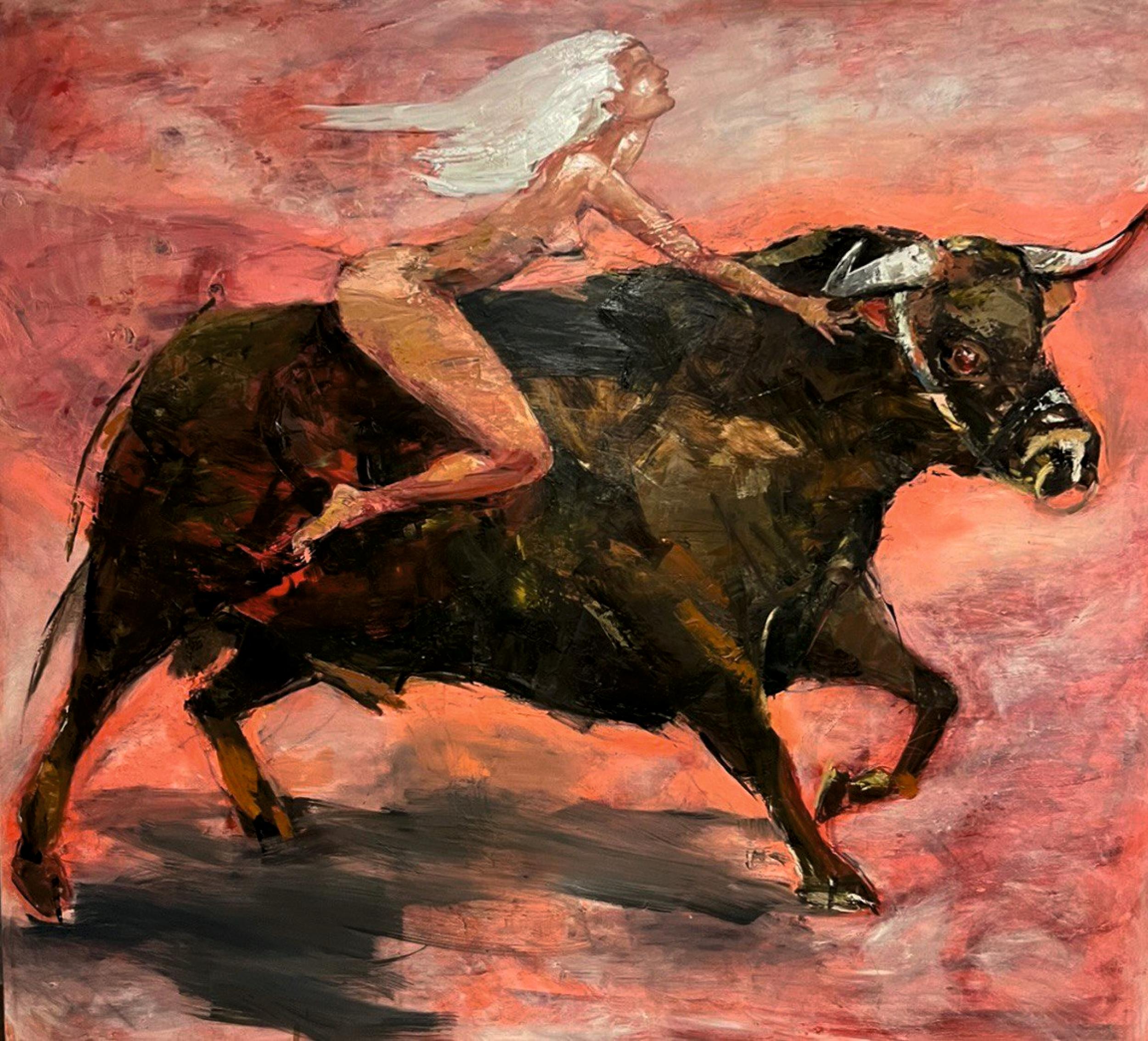 Victoria Tsemka Figurative Painting - Contemporary Splatters of Vibrant Red Background w. Bull & Woman Form Painting