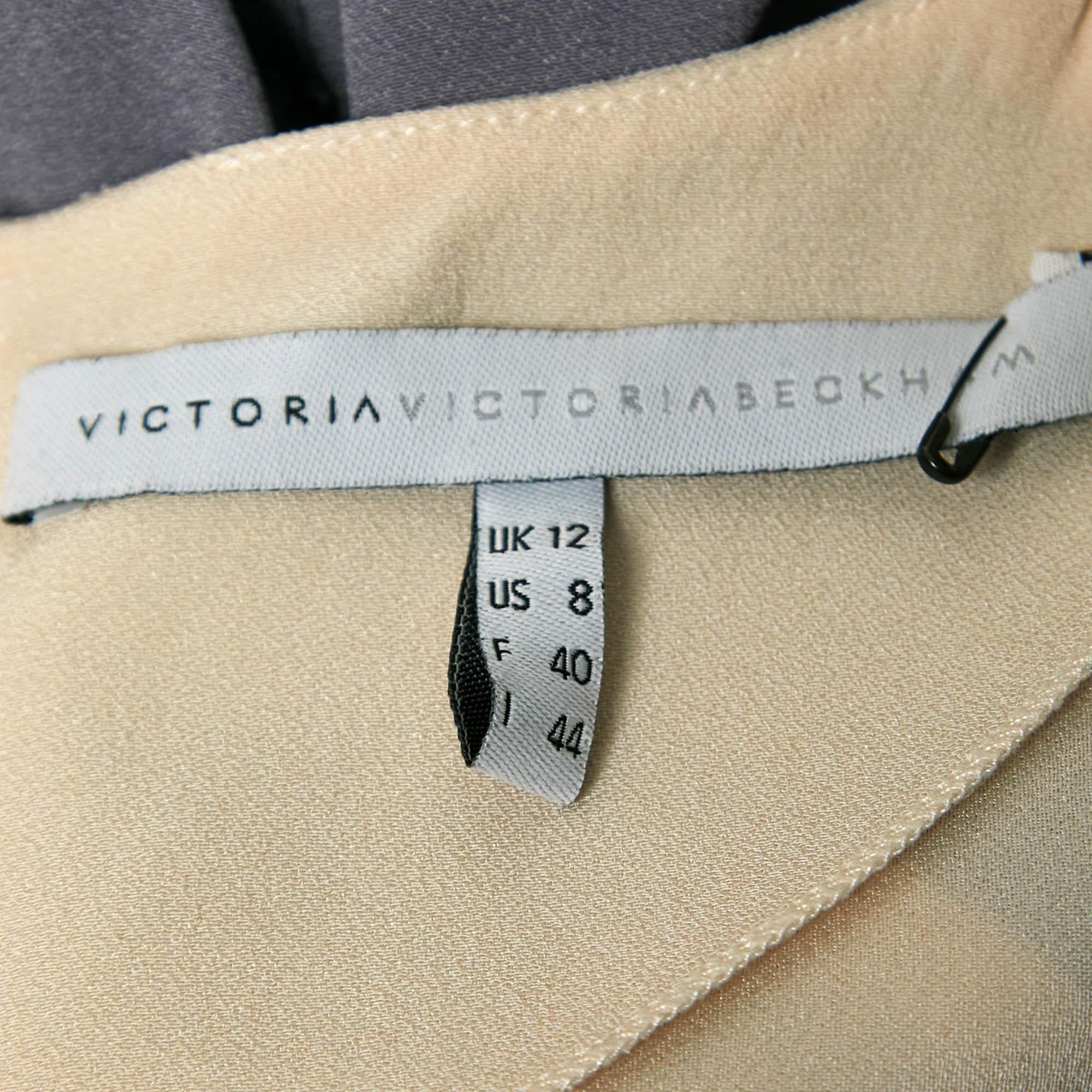 Victoria Victoria Beckham Cream/Grey Crepe Puff Sleeve Mini Dress M In Good Condition For Sale In Dubai, Al Qouz 2