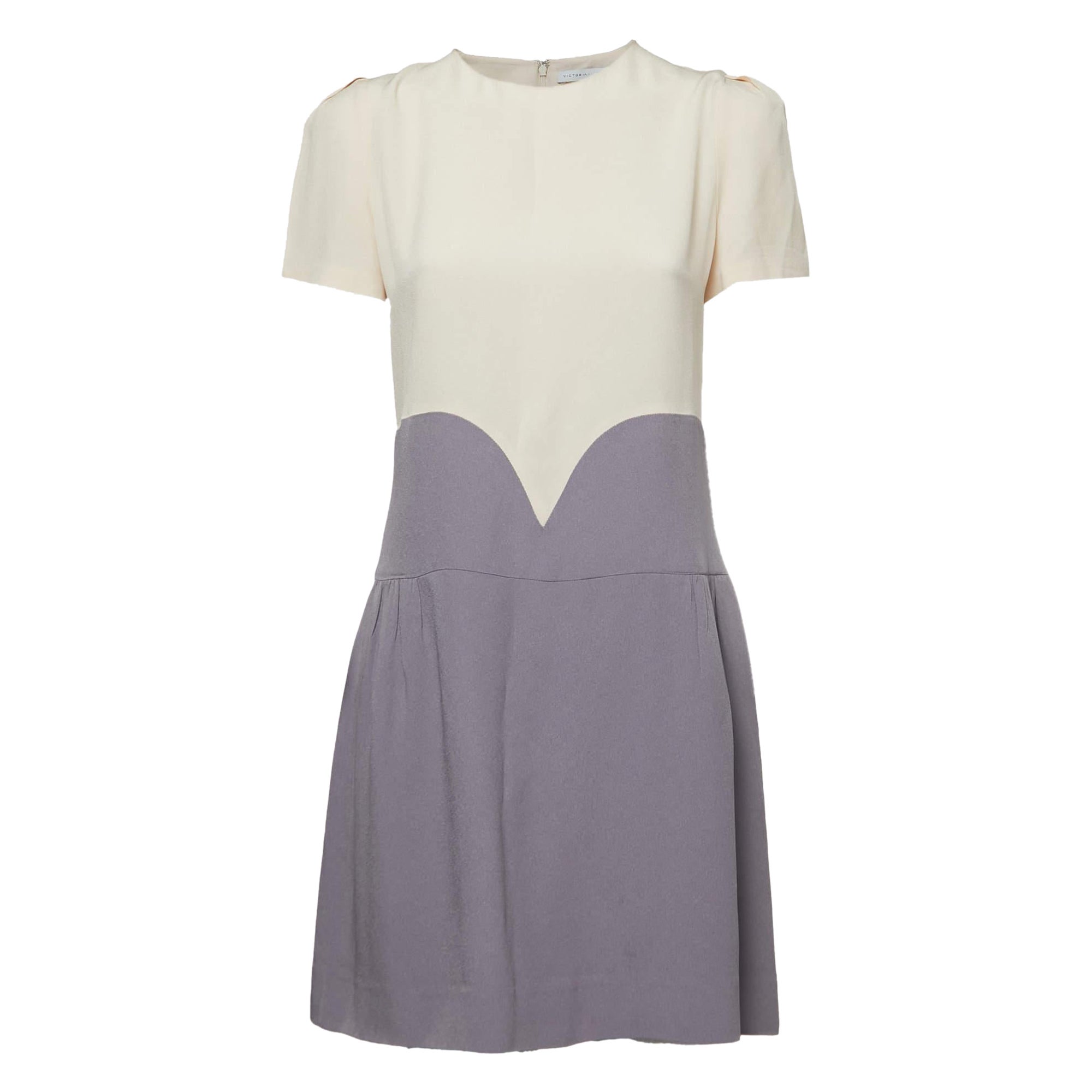 Victoria Victoria Beckham Cream/Grey Crepe Puff Sleeve Mini Dress M For Sale