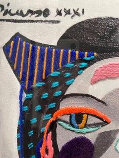 Picasso - colorida imagen bordada con hilo enmarcada