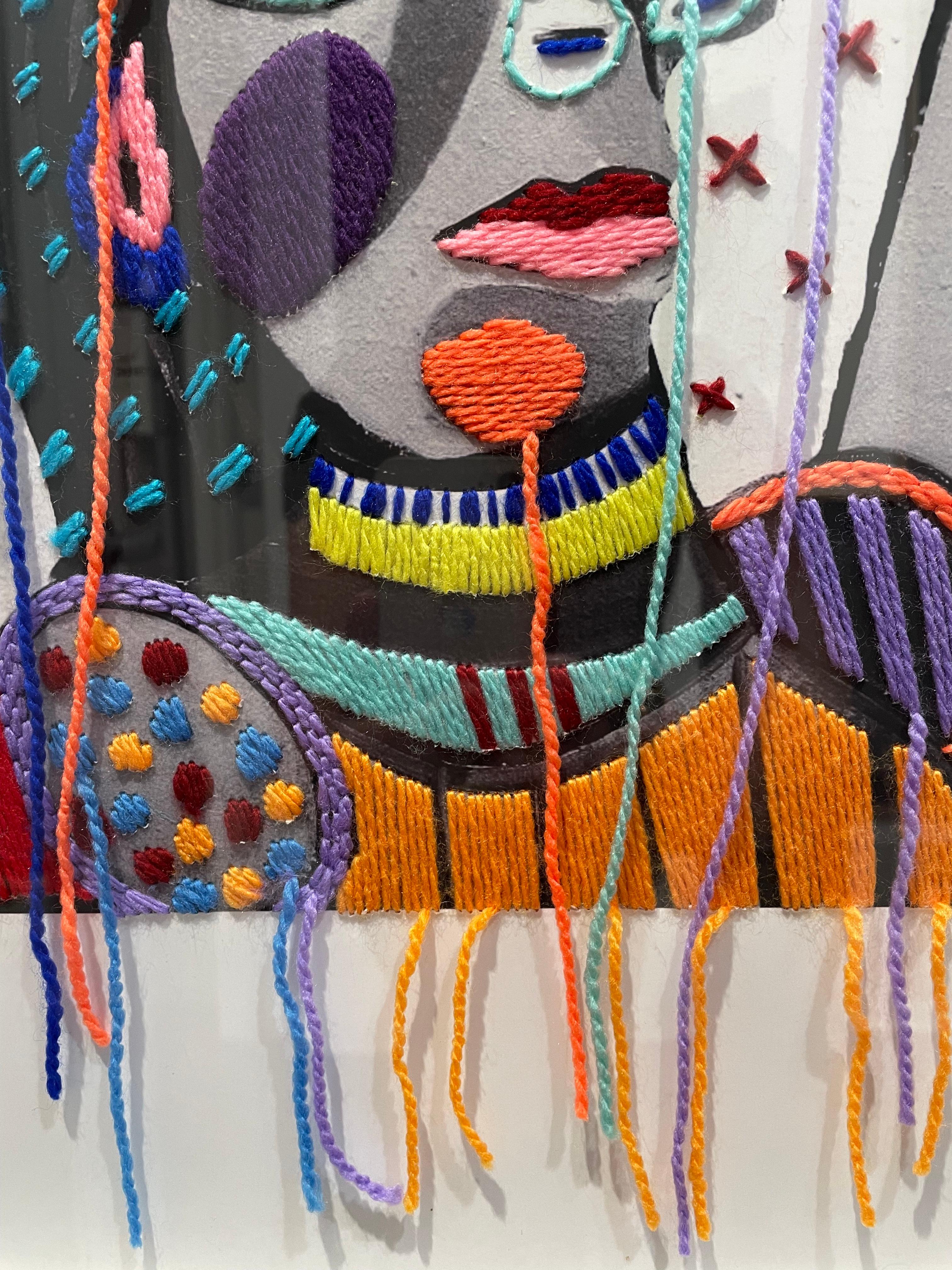 Picasso - image brodée colorée avec fil encadrée en vente 1