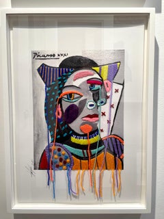 Picasso - image brodée colorée avec fil encadrée
