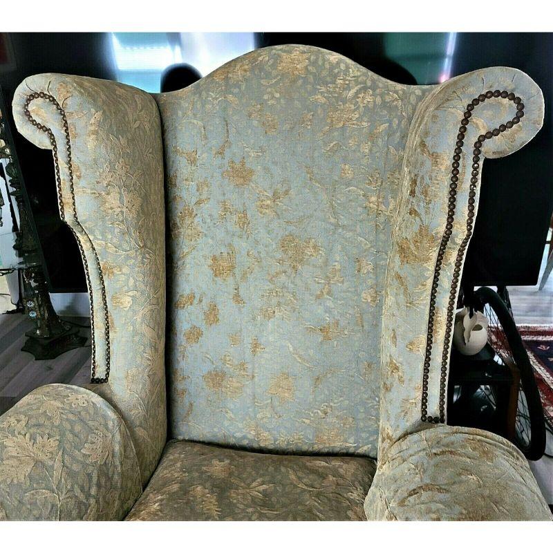 Queen Anne Victoria & William Wingback Damask Library Throne Chair by Lee Jofa