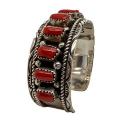 Victoria Yazzie Navajo Sterling Silver and Natural Coral Cuff Bracelet