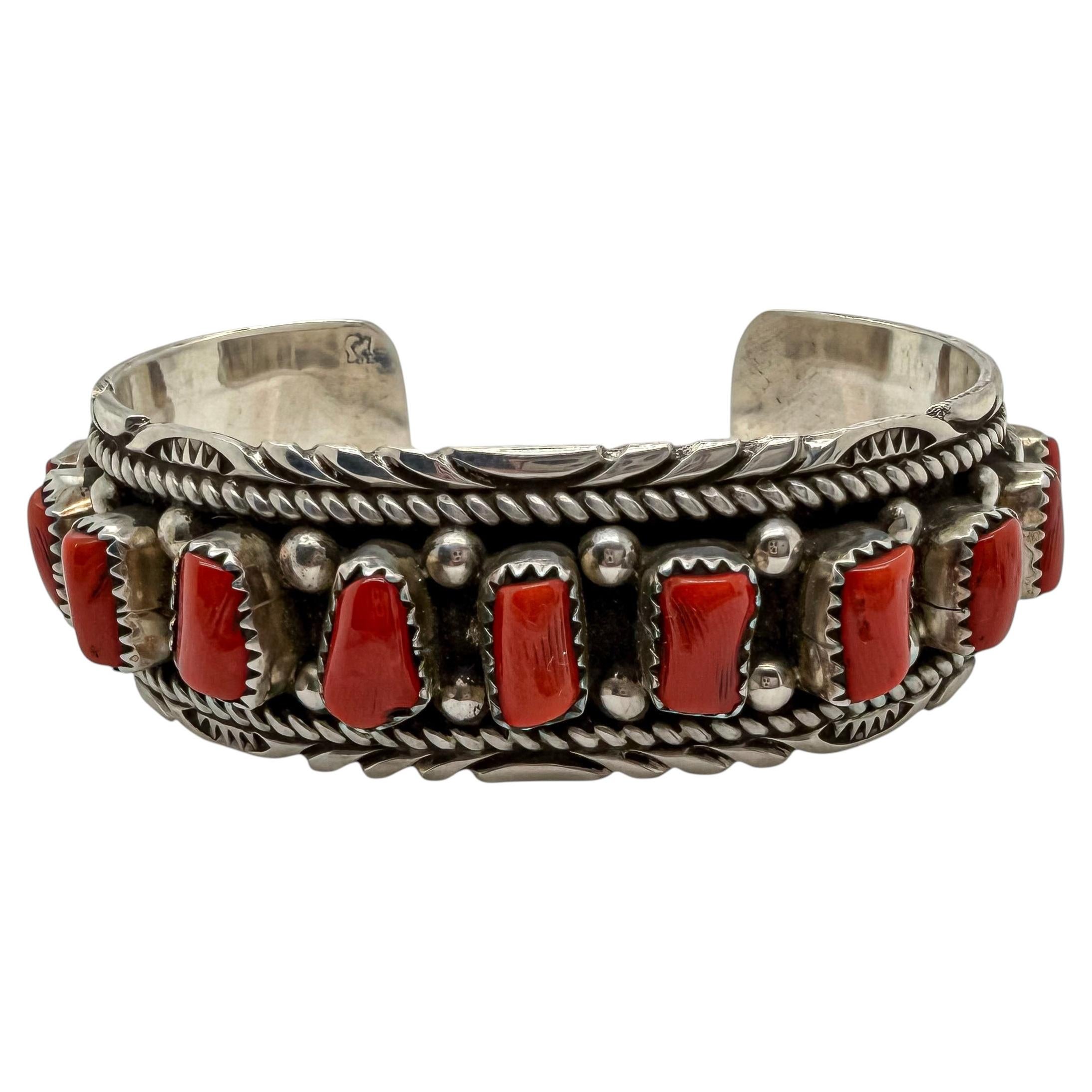 Victoria Yazzie Navajo Sterling Silver and Natural Coral Cuff Bracelet