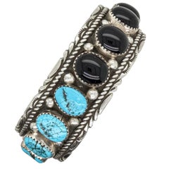Victoria Yazzie Navajo Sterling Silver Turquoise and Onyx Cuff Bracelet