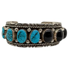 Victoria Yazzie Navajo Sterling Silver Turquoise and Onyx Cuff Bracelet