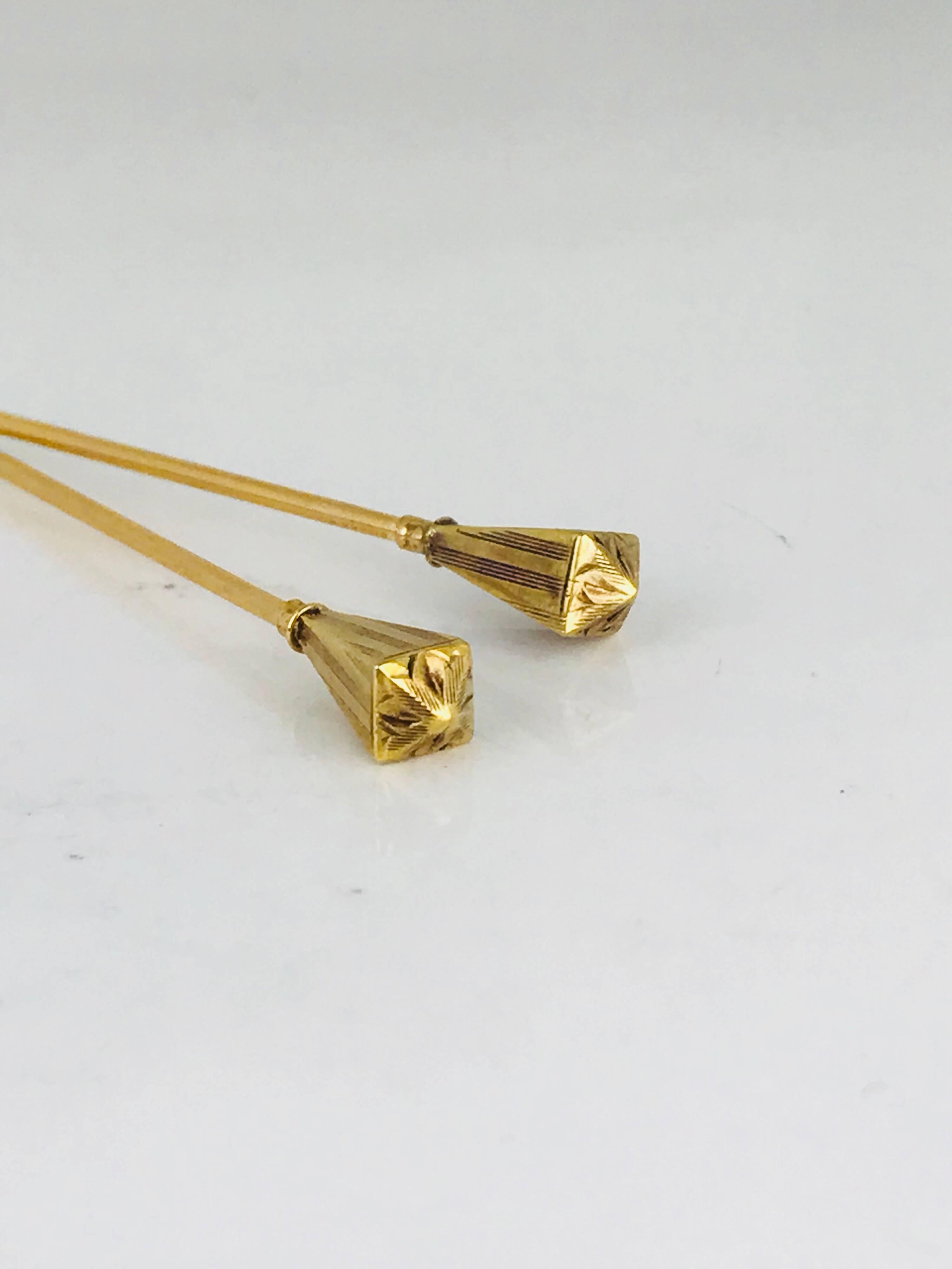 Victorian Victoria, circa 1830 Hat Pin, Set Identical Pair, Tapered Gilded Vermeil For Sale