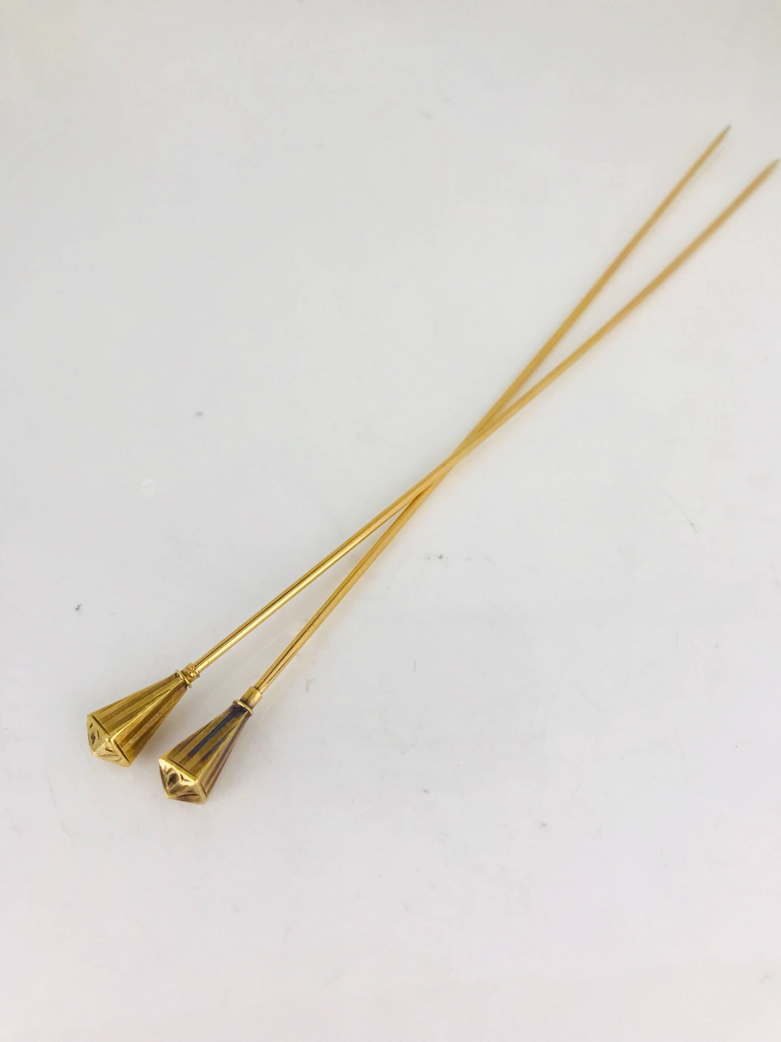 Victoria, circa 1830 Hat Pin, Set Identical Pair, Tapered Gilded Vermeil In Excellent Condition For Sale In Aliso Viejo, CA