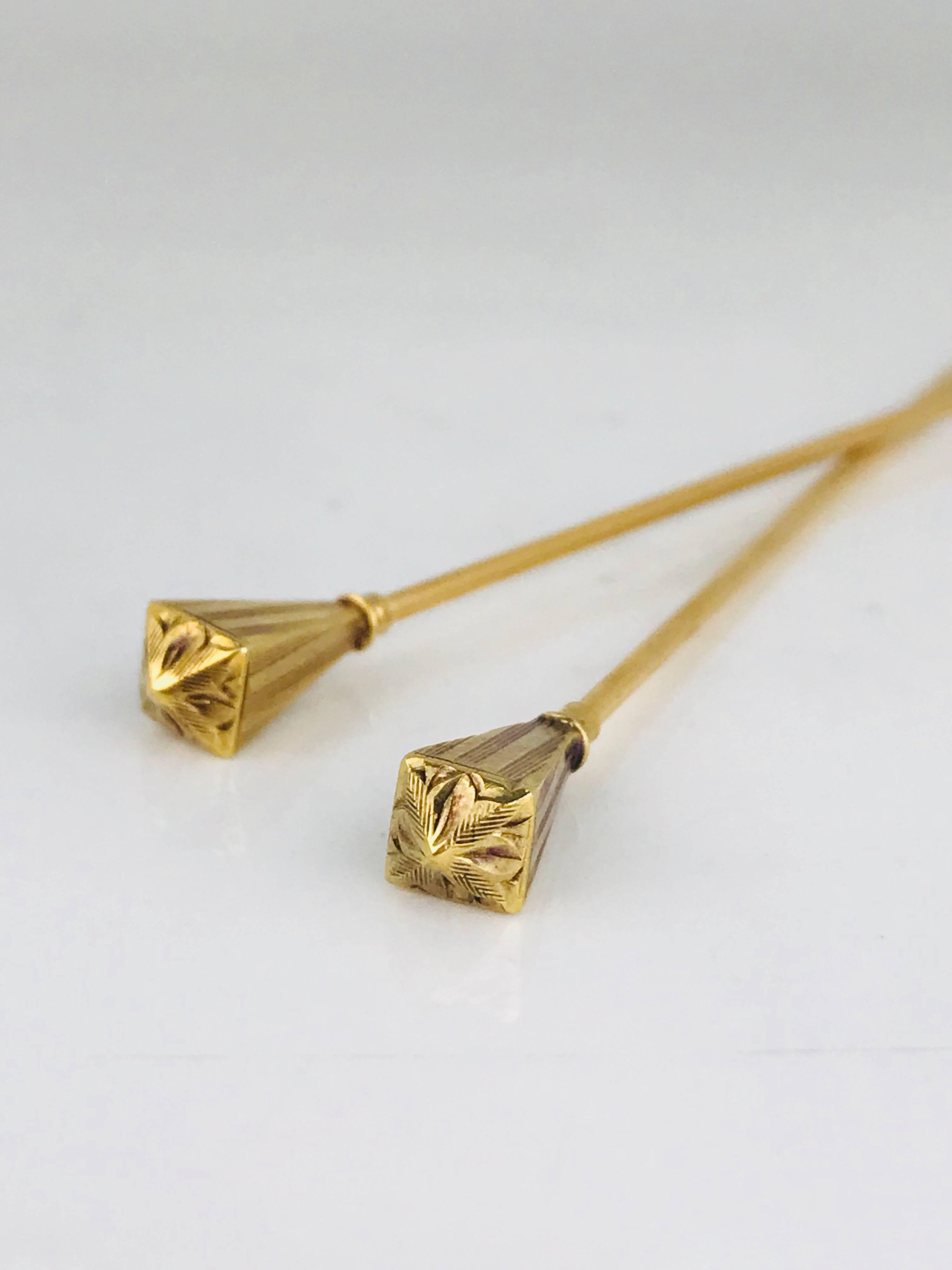 Victoria, circa 1830 Hat Pin, Set Identical Pair, Tapered Gilded Vermeil For Sale 1