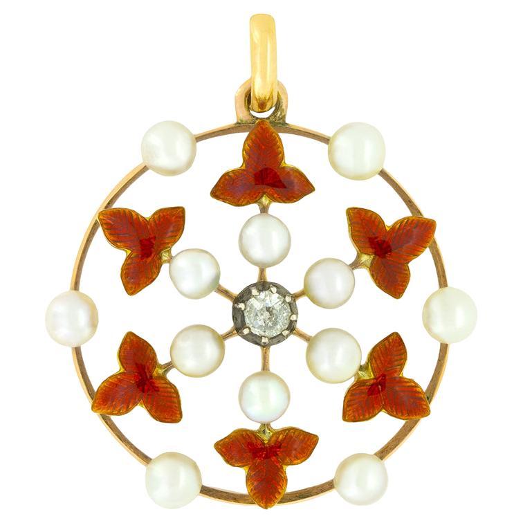 Victorian 0.10ct Diamond, Pearl and Enamel Pendant, c.1880s