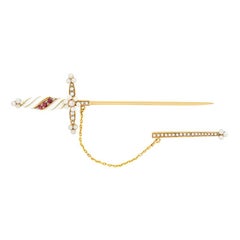 Antique Victorian 0.10 Carat Diamond, Ruby Pearl and Enamel Jabot Stick Pin, circa 1880s