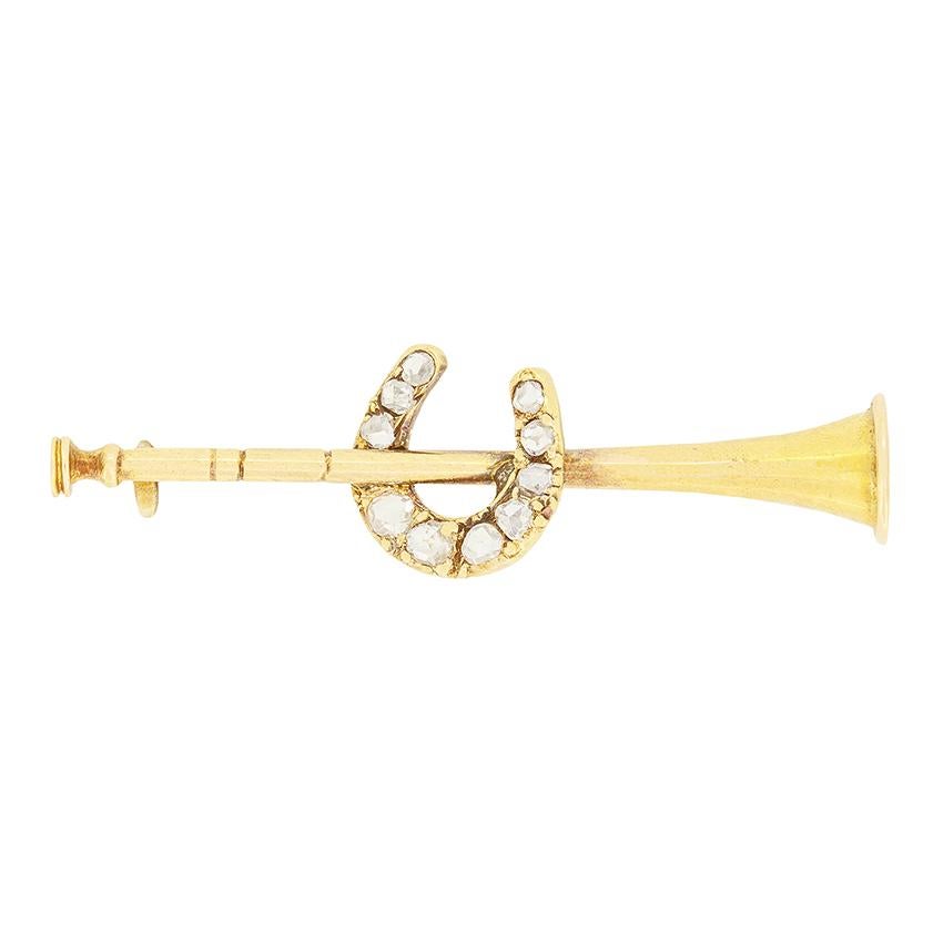 Rose Cut Victorian 0.14ct Diamond Horn and Horse Shoe Brooch, c.1880s For Sale