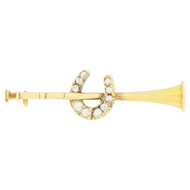 Victorian 0.14ct Diamond Horn and Horse Shoe Brooch, c.1880s For Sale