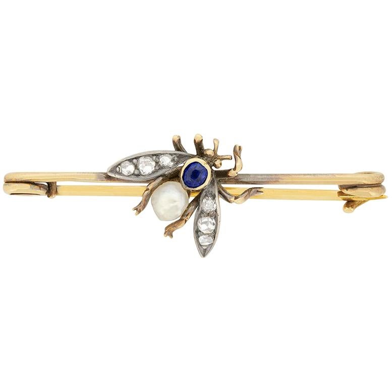 Victorian 0.15 Carat Sapphire, Pearl and Diamond Bug Brooch, circa 1880s For Sale