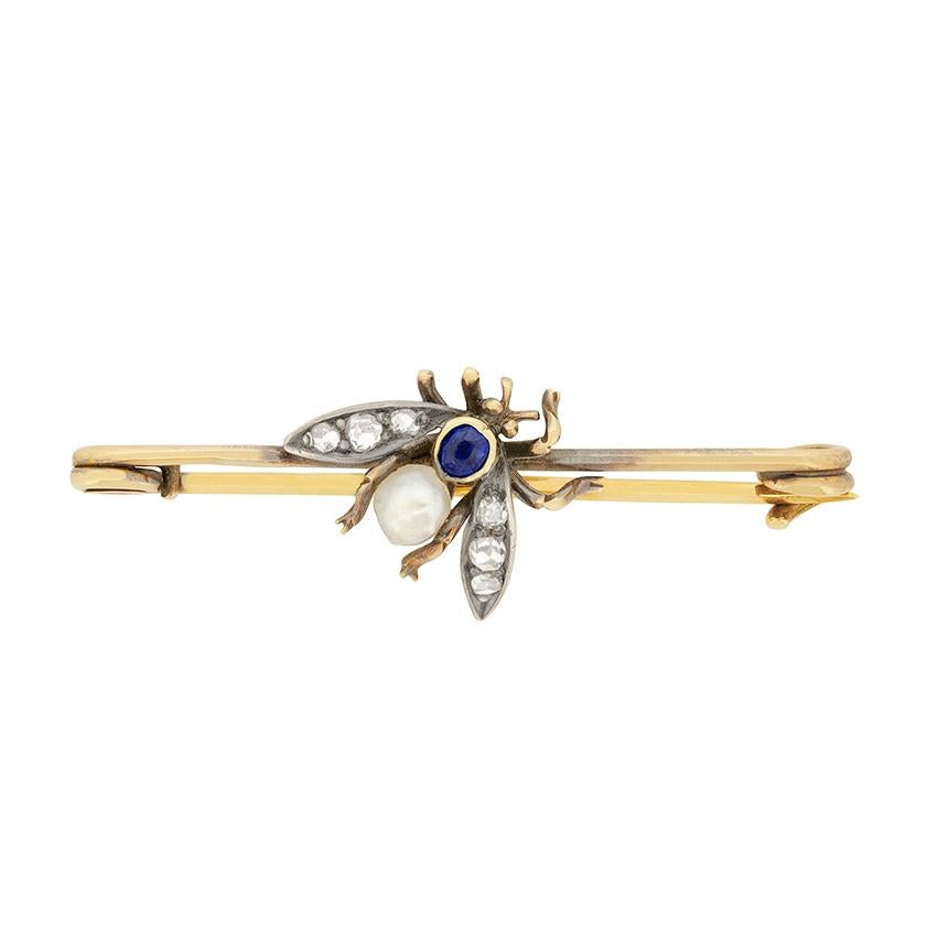 Old Mine Cut Victorian 0.15 Carat Sapphire, Pearl and Diamond Bug Brooch, circa 1880s For Sale