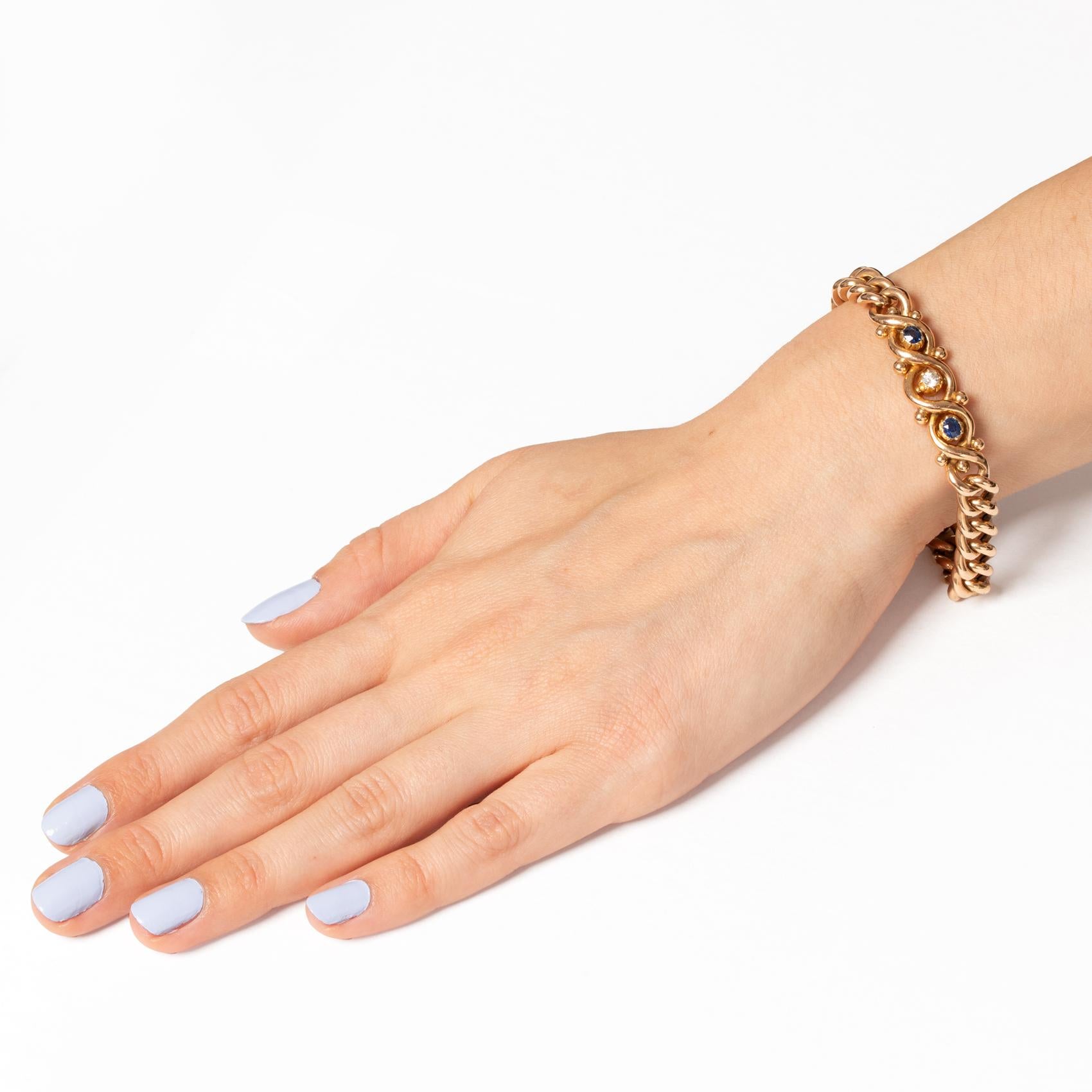 Pulsera victoriana con cadena de diamantes y zafiros de 0,20 ct, c.1880 Talla antigua en venta